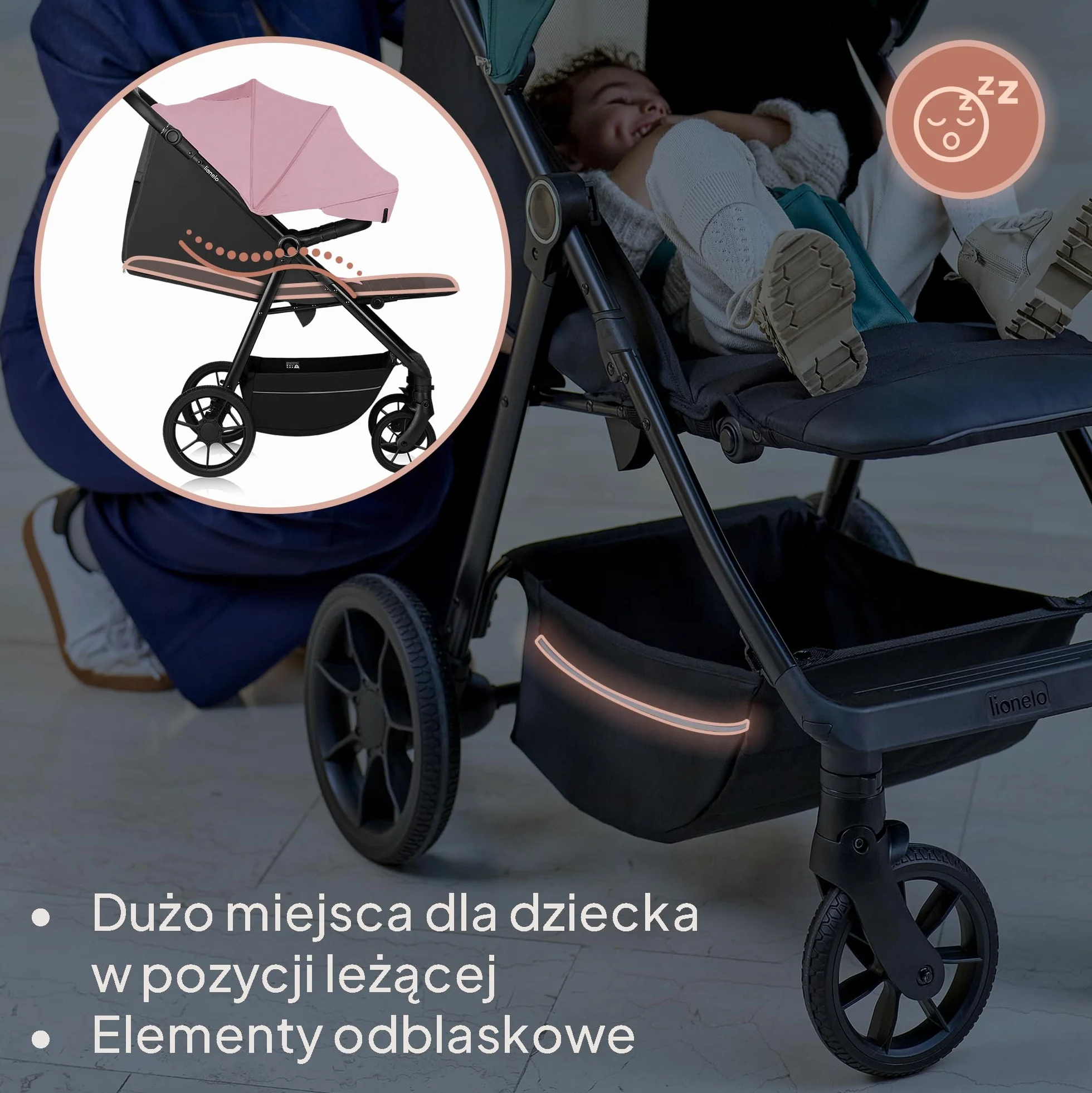 LIONELO MIRA Wózek dziecięcy do 22 kg, od 6 m do 4 lat, kółka obrotowe 360°, amortyzacja, regulowane oparcie, UPF50, różowy