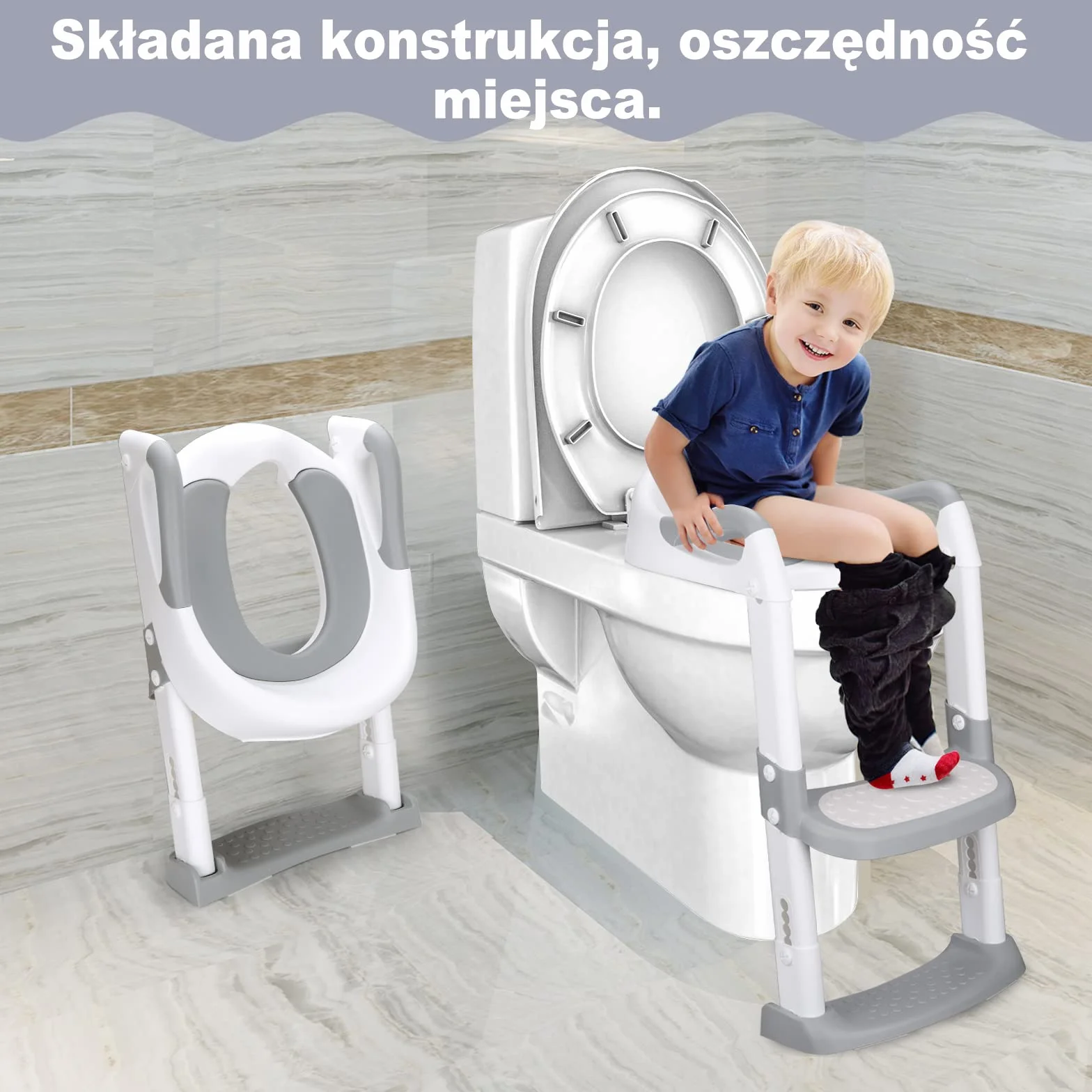 DEANIC Deska sedesowa dla dzieci ze schodami, nocnik z drabinką i wyściełaną poliuretanem, nakładka toaletowa dla dzieci od 1-7 lat, deska sedesowa dla dzieci 38-47 cm (szara)
