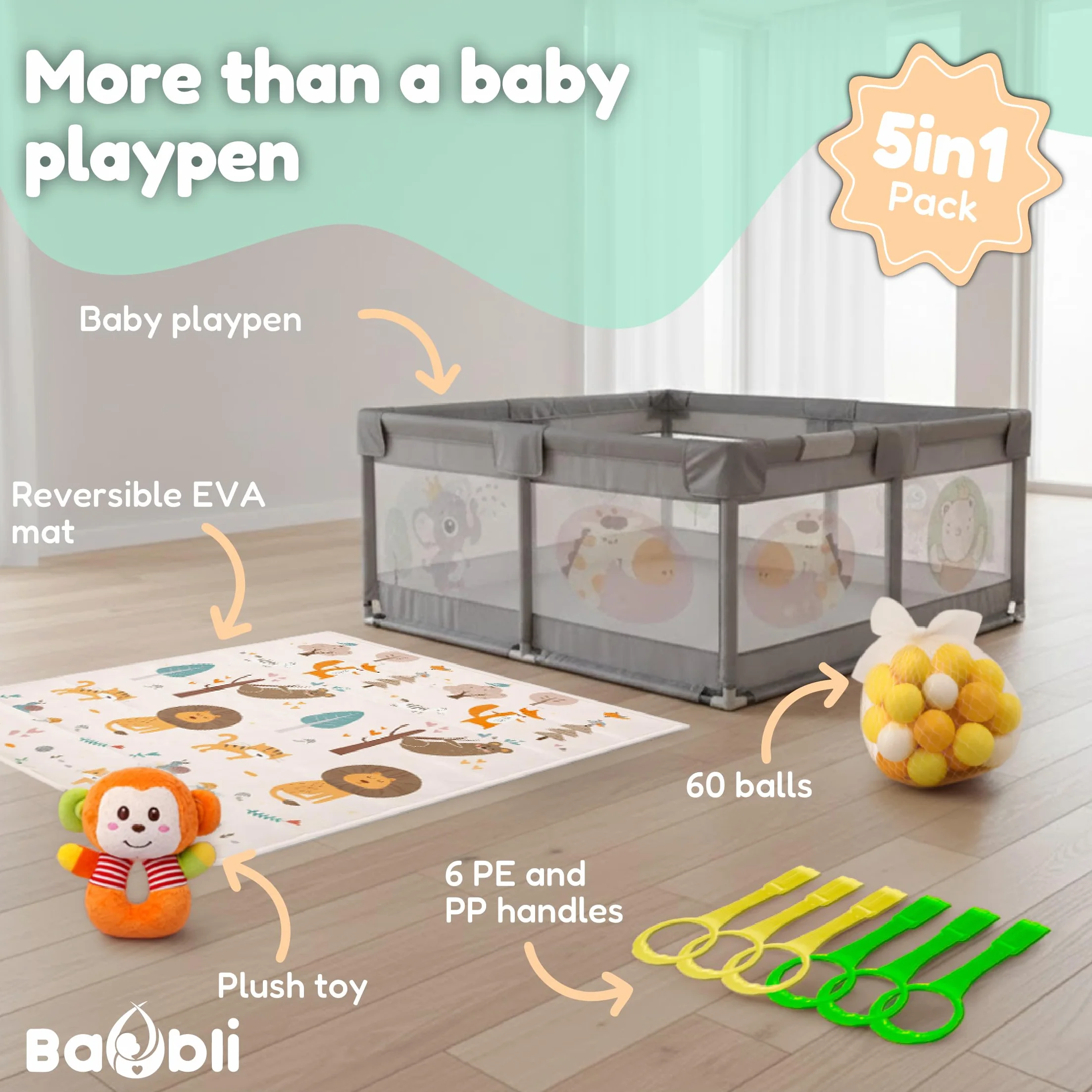 Kojec dla dzieci + mata dla dzieci + 60 piłek + uchwyty + torby transportowe - kojec dla dzieci z oddychającą siatką - plac zabaw dla dzieci - Playpen dla dzieci (180x200cm)