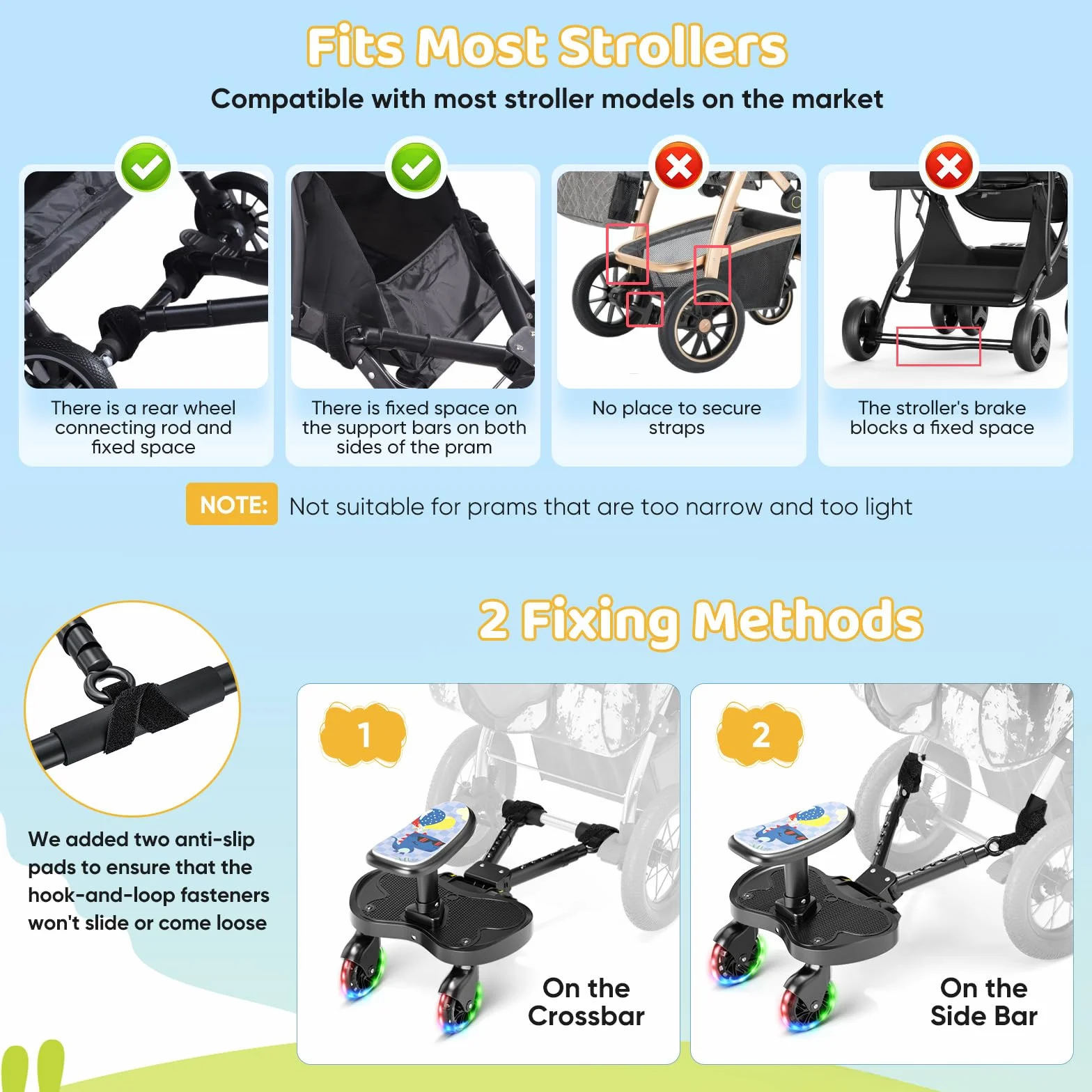 Buggy Board, uniwersalna deska do wózka dziecięcego z kółkami LED i siedziskiem dla dzieci, akcesoria do wózków dla dzieci w wieku 2-6 lat (25 kg), do ponad 99% wózków dziecięcych