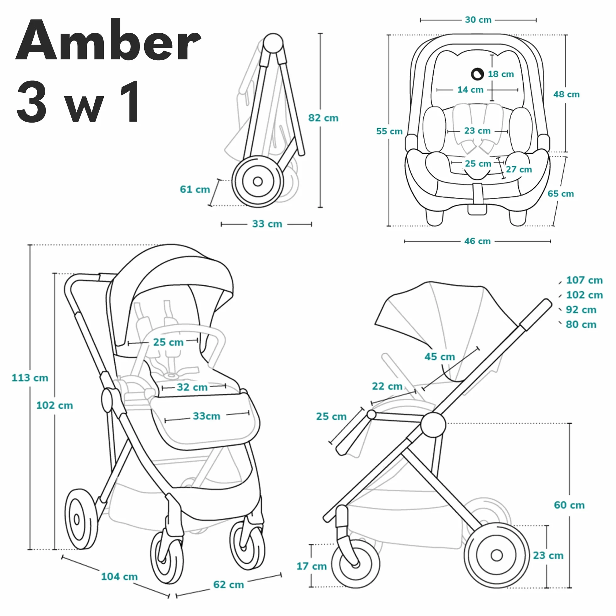 LIONELO Amber wózek spacerowy 3 w 1 do 22kg, montaż siedziska przodem lub tyłem do kierunku jazdy, pozycja leżąca, bezobsługowe koła PU, pokrowiec na gondolę i na spacerówkę, fotelik samochodowy (Granatowy)