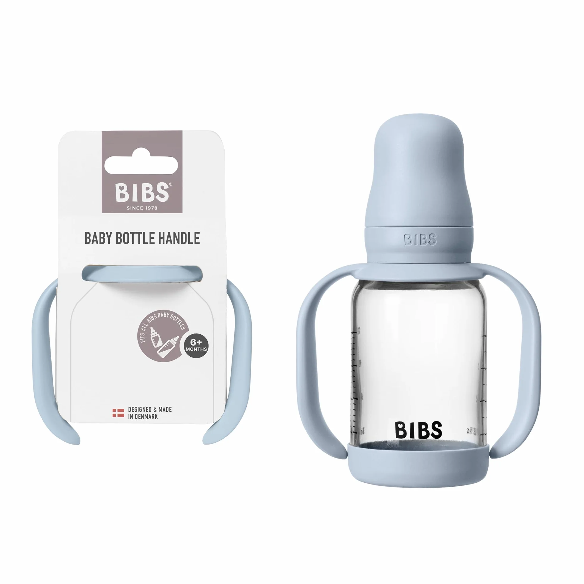 Uchwyt BIBS do butelek dla niemowląt - ergonomiczny, antypoślizgowy, ułatwia samodzielne karmienie, pasuje do wszystkich butelek BIBS, bez BPA - Baby Blue