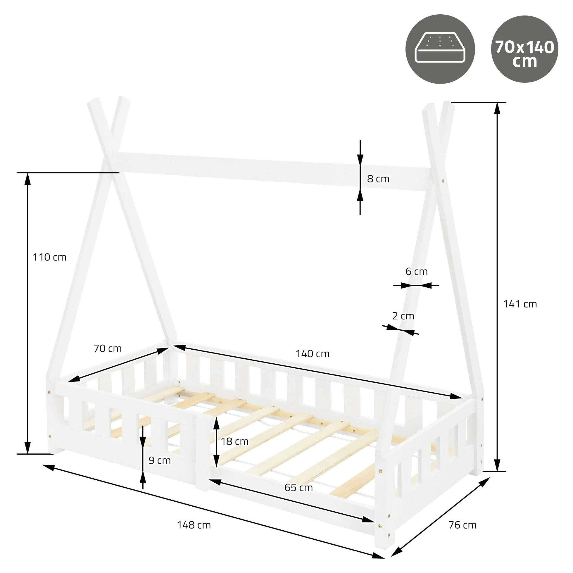 ML-Design lózko dzieciece tipi 70x140 cm biale z zabezpieczeniem przed wypadaniem i stelazem listwowym, wykonane z drewna sosnowego, lózko indianskie z litego drewna dla dziewczynek i chlopców