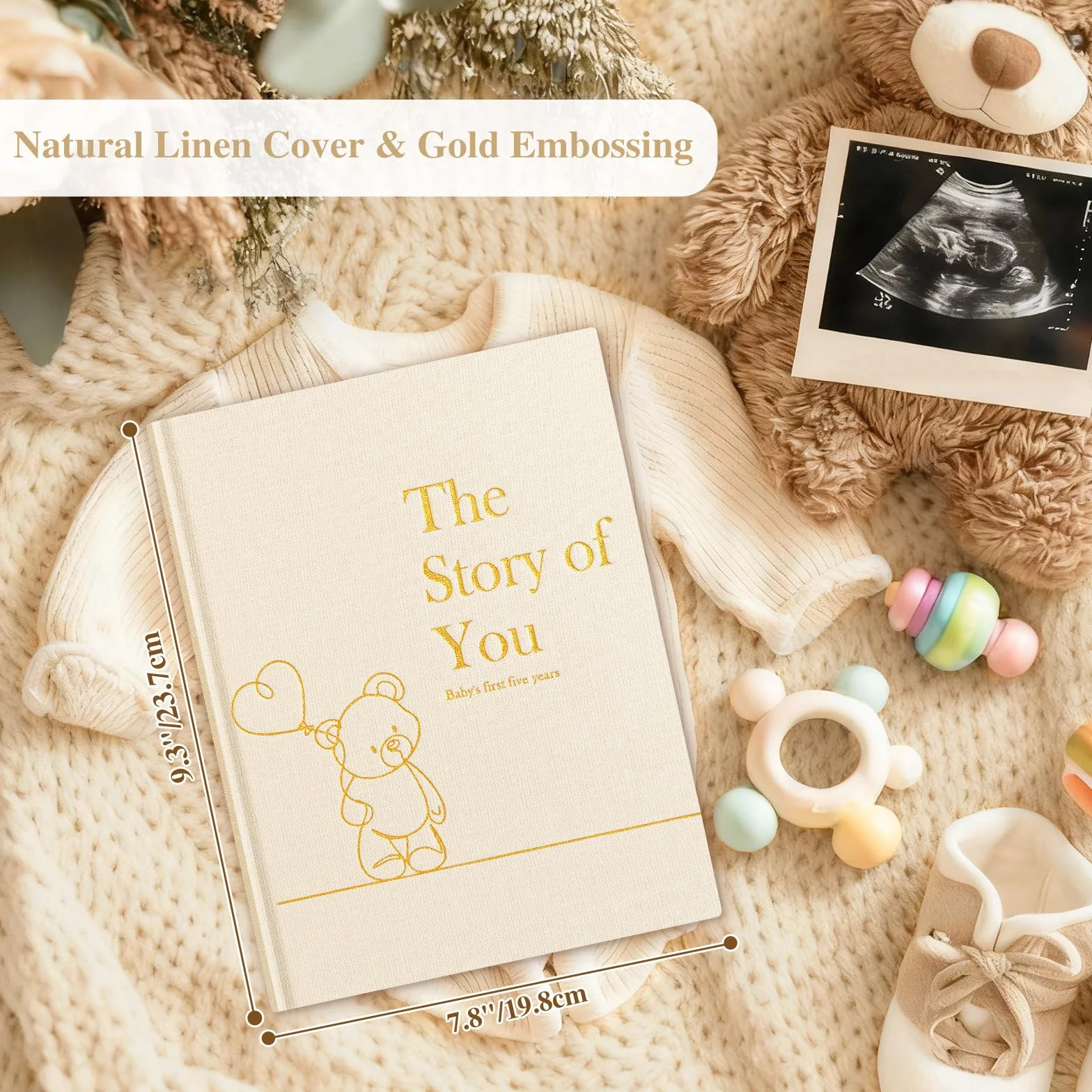 Lanpn Album ze zdjęciami dla dziecka Pierwszy 5 Rok, The Story of Your Baby Memory Book, Pamiętnik Baby Book, Dziennik dla noworodków Prezent (beżowy, angielski, 154 strony)