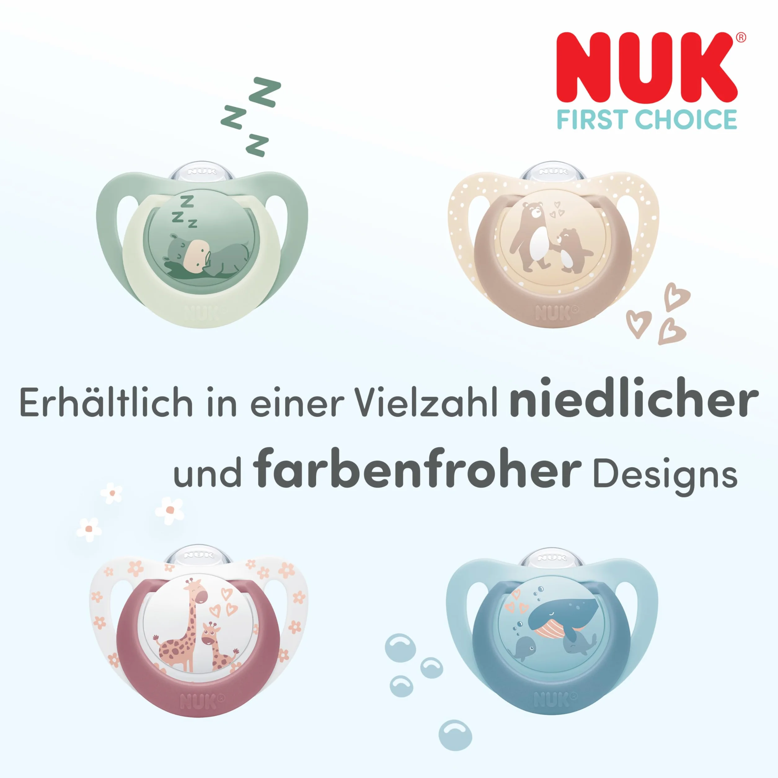 NUK First Choice Smoczki dla niemowląt | 18-36 miesięcy | Ortodontyczne smoczki uspokajające | Uspokajają 99% niemowląt** | Żółw i wieloryb | 2 sztuki