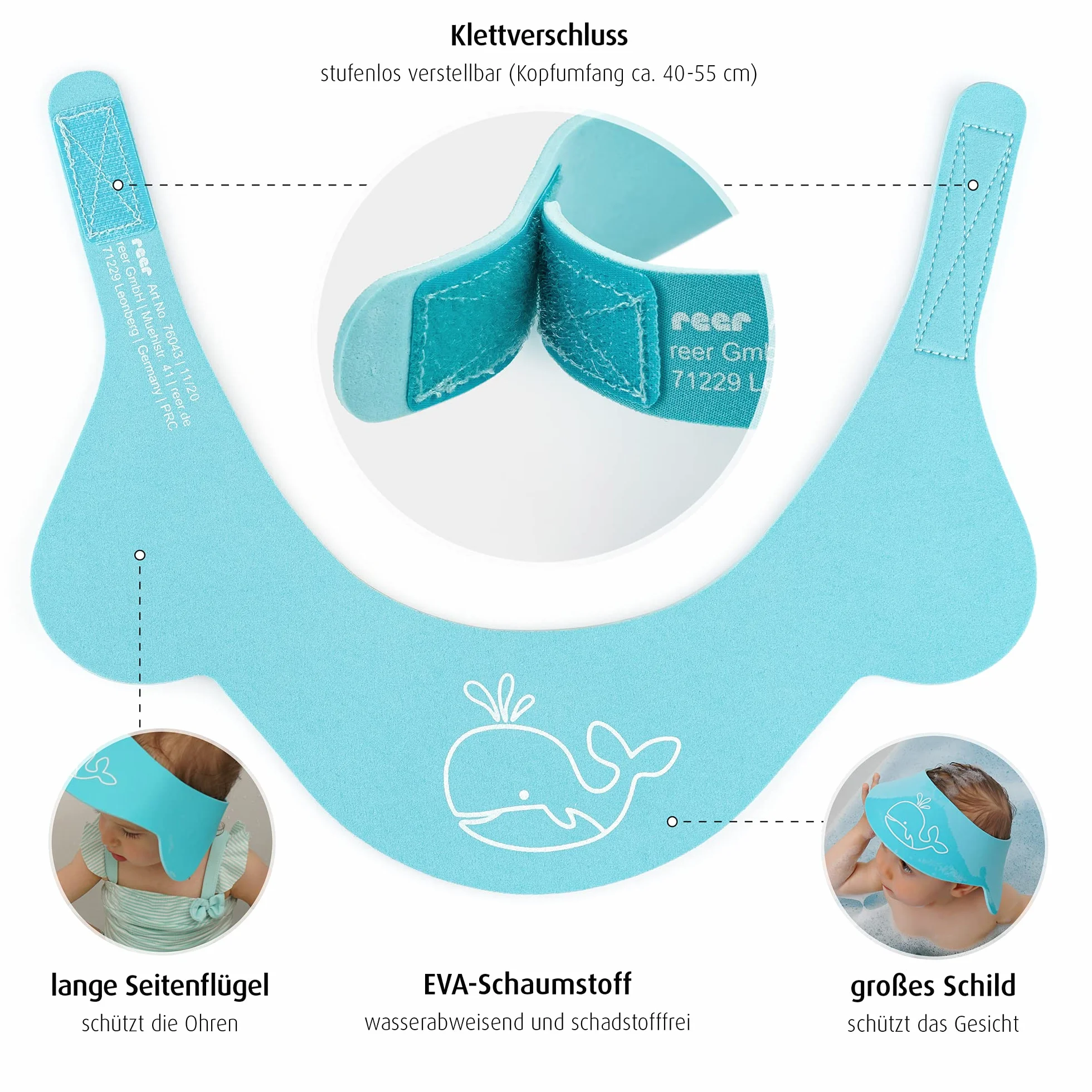 Reer 76043 MyHappyBath Cap szampon ochronny, chroni Twoje dziecko przed łzami podczas mycia włosów, bezstopniowa regulacja, niebieski, obwód głowy 40-55 cm
