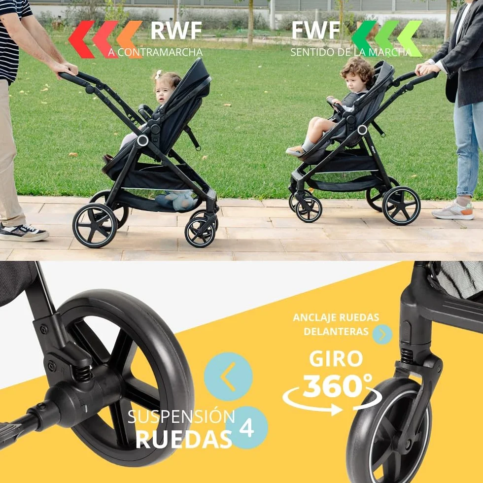 Wózek dziecięcy 2 w 1, model Versa - Interbaby | Uniwersalny wózek dziecięcy z regulowanym siedziskiem i wyściełanym łóżeczkiem dziecięcym – od urodzenia do 48 miesięcy lub 22 kg
