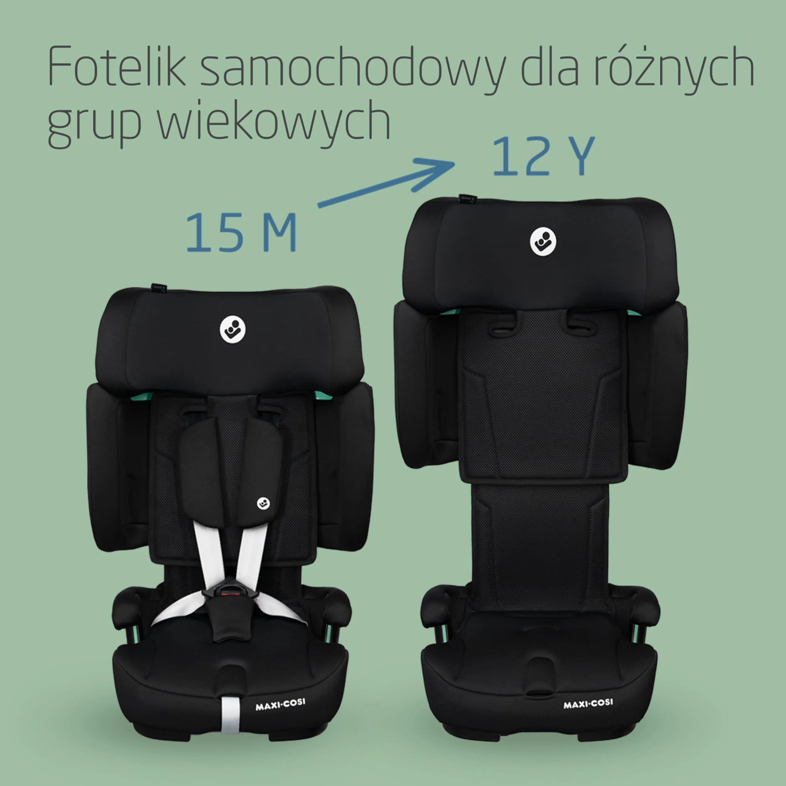 Maxi-Cosi Nomad XL Plus, Ewolucyjny Fotelik Samochodowy, 15 miesięcy - 12 lat, 76-150 cm, Składany, Podróżny Fotelik Samochodowy, System Ochrony Bocznej G-CELL, Torba Podróżna, Authentic Black