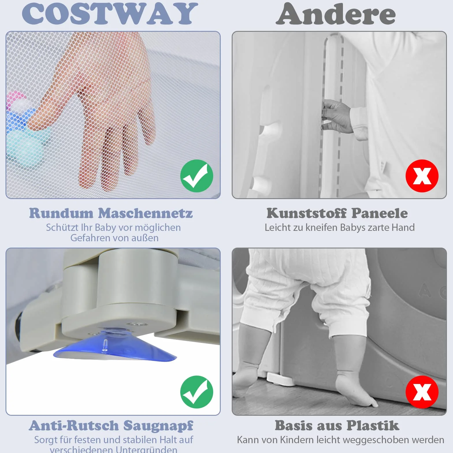 COSTWAY 124 x 124 cm Kojec dla niemowląt składany, przenośny kojec z 50 piłkami, 4 uchwytami, funkcją blokady, kratka do raczkowania z siatkowymi ściankami i drzwiczkami, koc raczkujący dla niemowląt