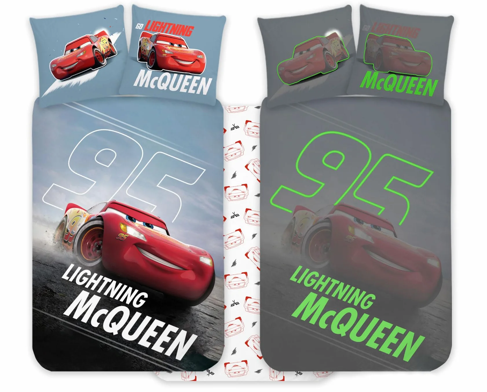 Disney Cars McQueen komplet pościeli dla dzieci, 100 x 135 cm, poszewka na poduszkę 40 x 60 cm, świecąca w ciemności, dwustronna, dla chłopców i dziewcząt, 100 szt