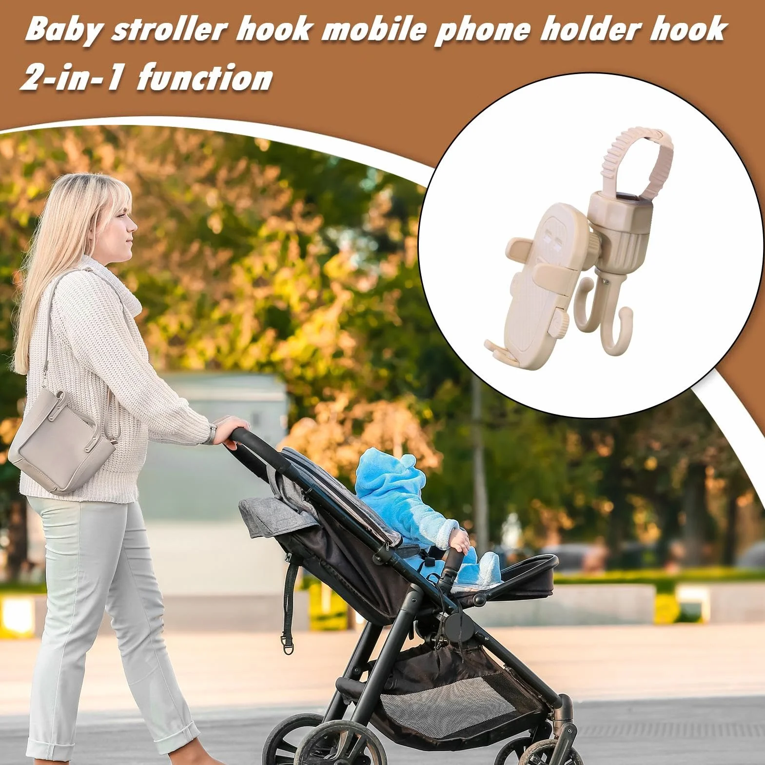 Stroller Phone Holder, 2-in-1 Smartphone Stand Stroller Hook, Multifunctional Holder, Secure Adjustable Grip Bag Hooks for Strollers, Grocery Carts, Bikes 15.5x8.5cm