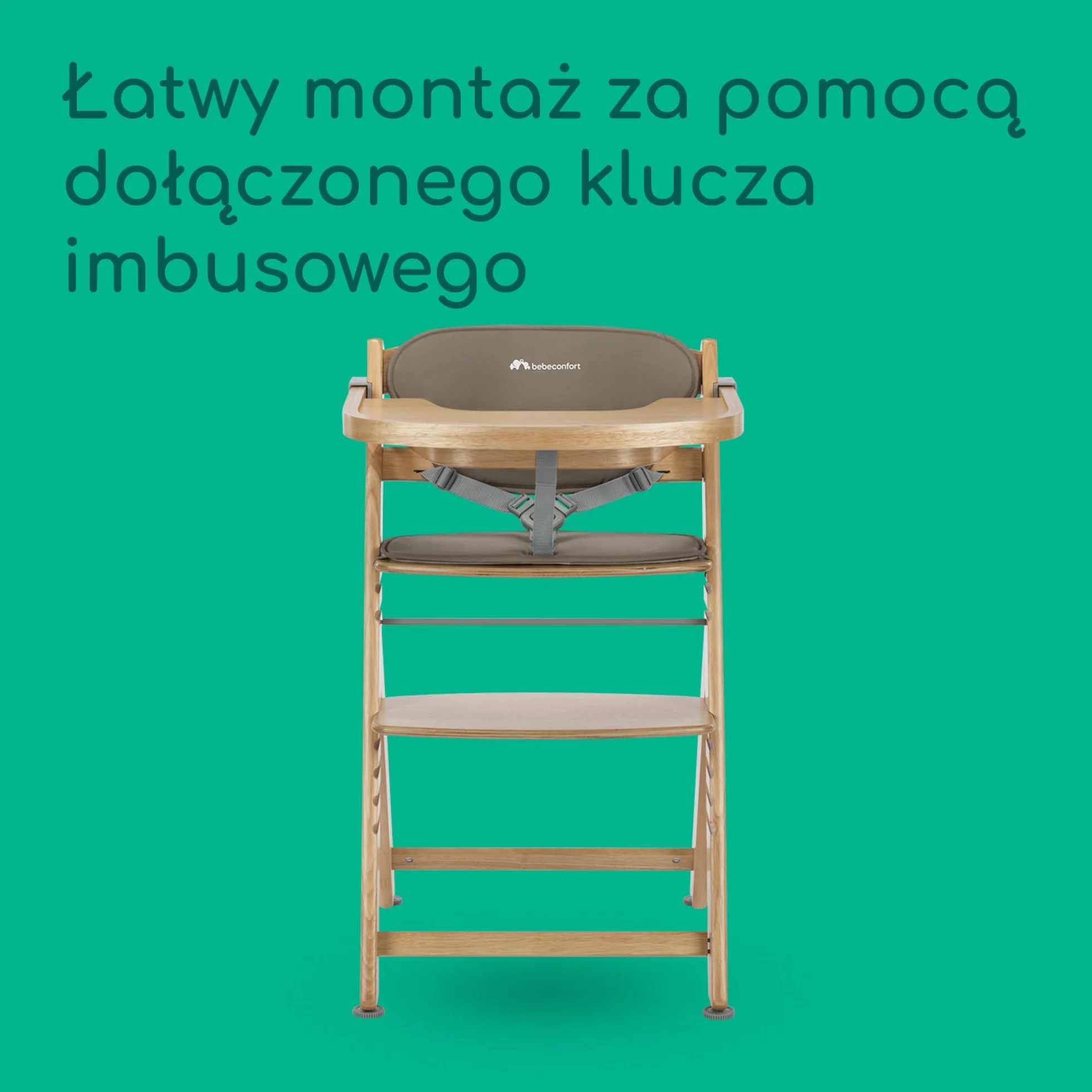 Bebeconfort Timba 2 z Poduszką, Krzesełko Dziecięce Drewniane, 6+ Miesięcy, Do 110 kg, Ergonomiczne Krzesełko do Karmienia, Pasuje do Wielu Stołów, Wyjmowana Taca, Natural Wood + Beige