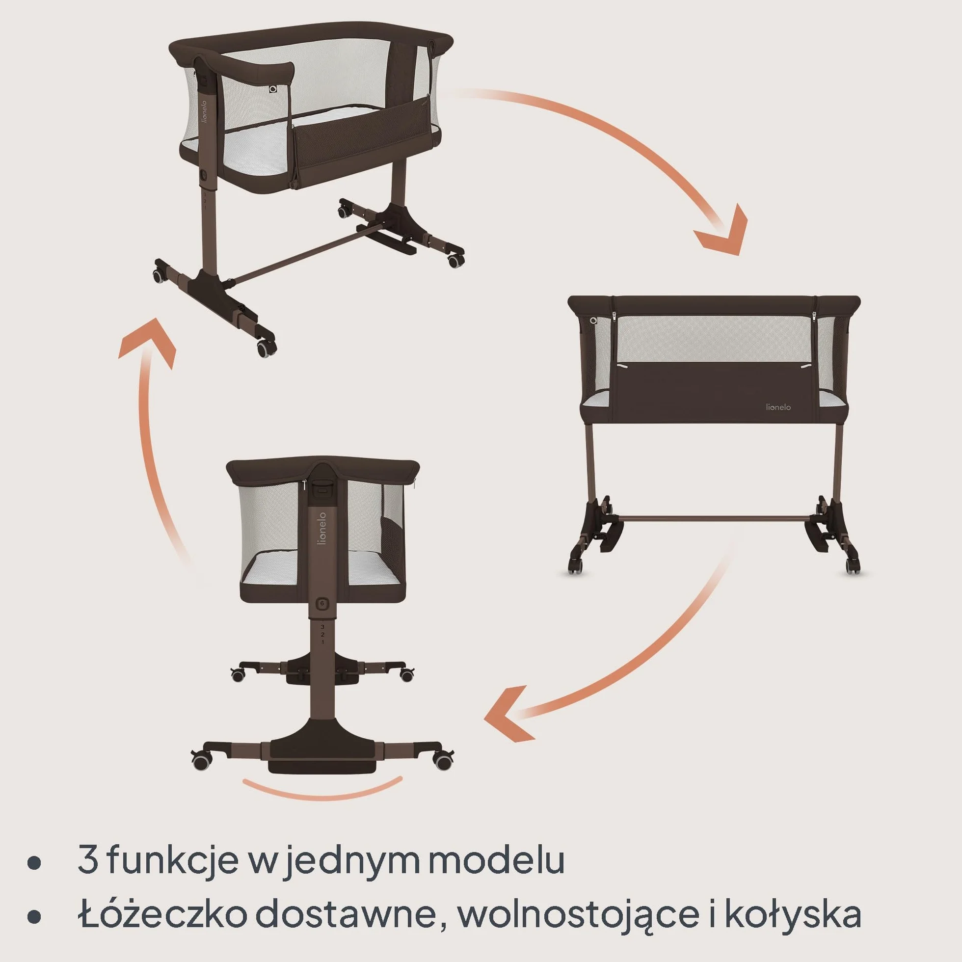 lionelo PARI łóżeczko nocne, łóżeczko dziecięce, 3 w 1, regulowane łóżeczko nocne, 6 poziomów, kołysanie, pochylany materac, siatka, zamykane kółka, torba podróżna