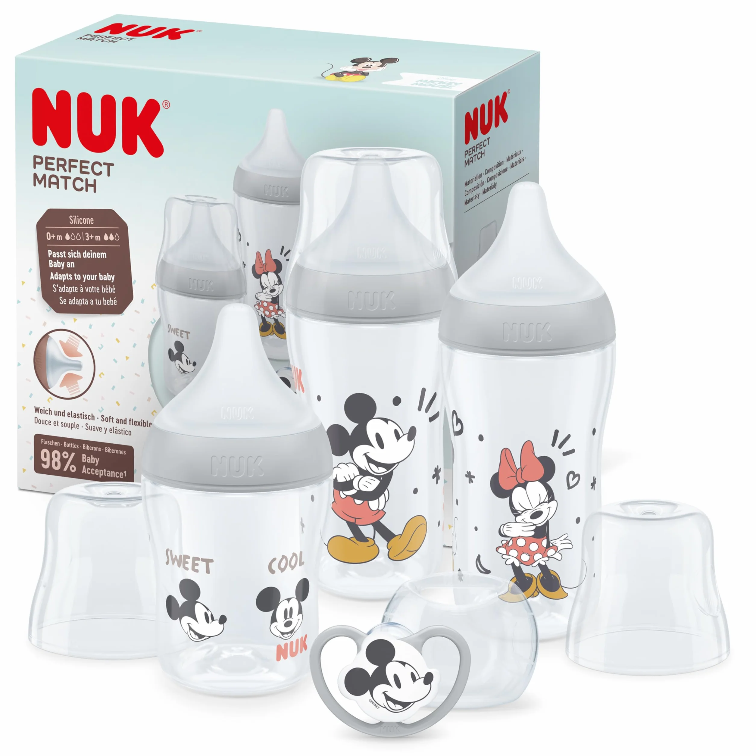 NUK Perfect Match Zestaw butelek dla niemowląt, 0-6+ miesięcy, pasuje do podniebienia dziecka, 3 butelki antykolkowe i smoczek Space, bez BPA, Disney Myszka Miki, 4 szt