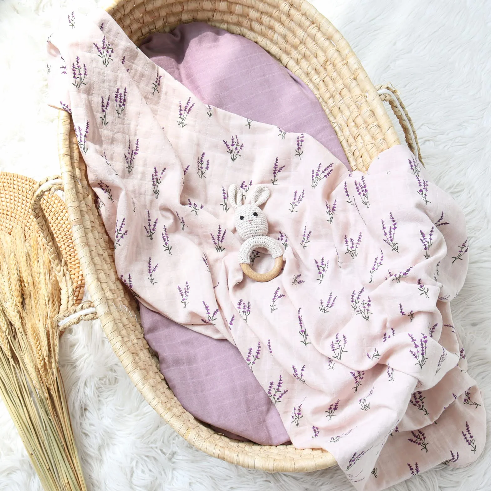 Lebze LifeTree 2-pak dziecięcy muślinowy koc, 100% organiczna bawełna muślinowe koce dla niemowląt, koce do owijania 120x120 cm, lawenda i mauve