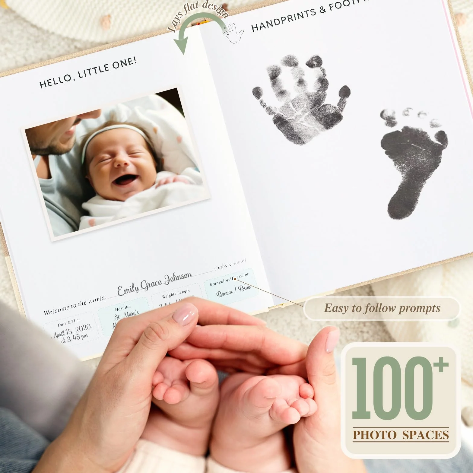 Książka Wspomnień Hello Baby Lniana Twarda Okładka Pamiętnik od Noworodka do 5 Lat Album Zdjęć Różowy 154 Strony