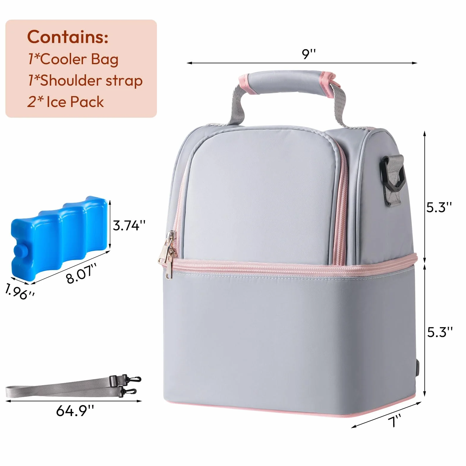 NCVI Torba chłodząca do mleka matki z opakowaniem na lód, szary, 3 Piece Set, Nowoczesny