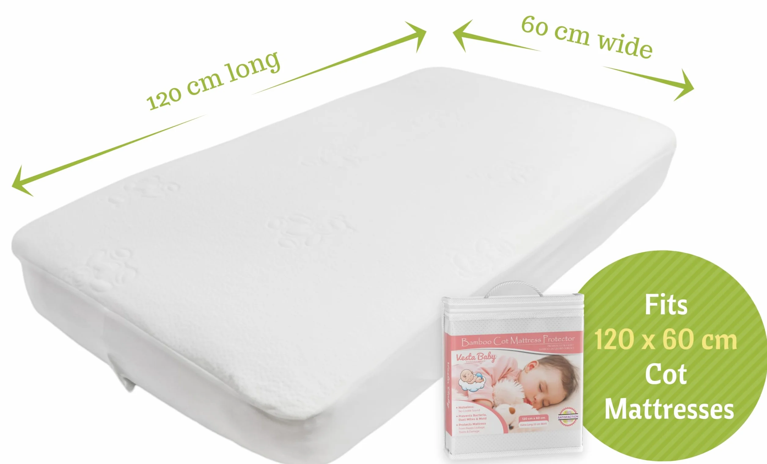 Vesta Baby Łóżko dziecięce, ochrona materaca klasy premium, cicha, wodoszczelna osłona na materac, naturalny bambus, cicha nakładka na łóżko dla niemowląt i małych dzieci, 120 x 60 cm