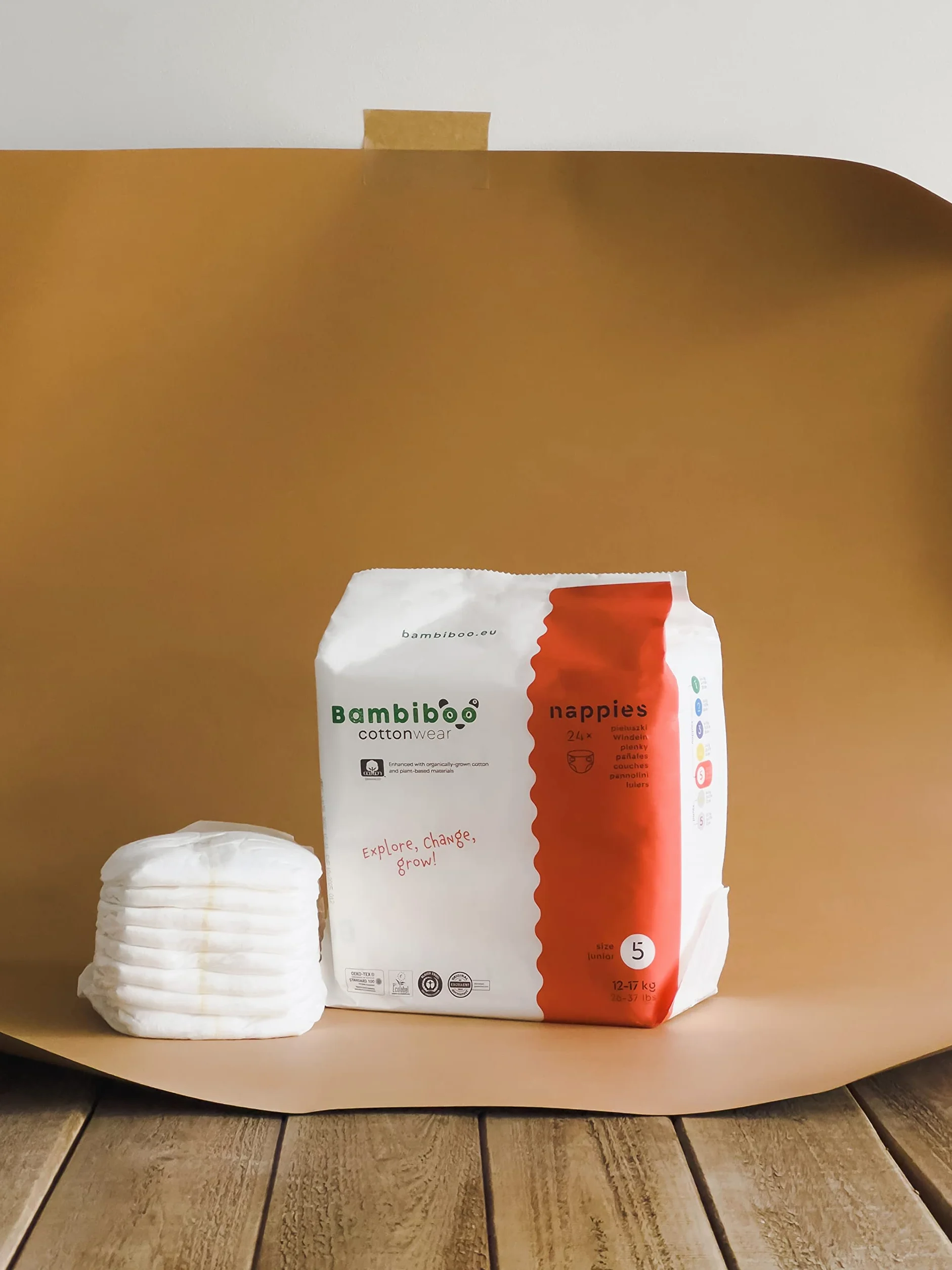 Bambiboo Pieluchy niemowlęce rozmiar 5 Junior (12-17 kg) – COTTONWEAR – jednorazowe pieluchy dla niemowląt z bawełny organicznej i materiałów roślinnych ze wskaźnikiem wilgotności – 24 szt.
