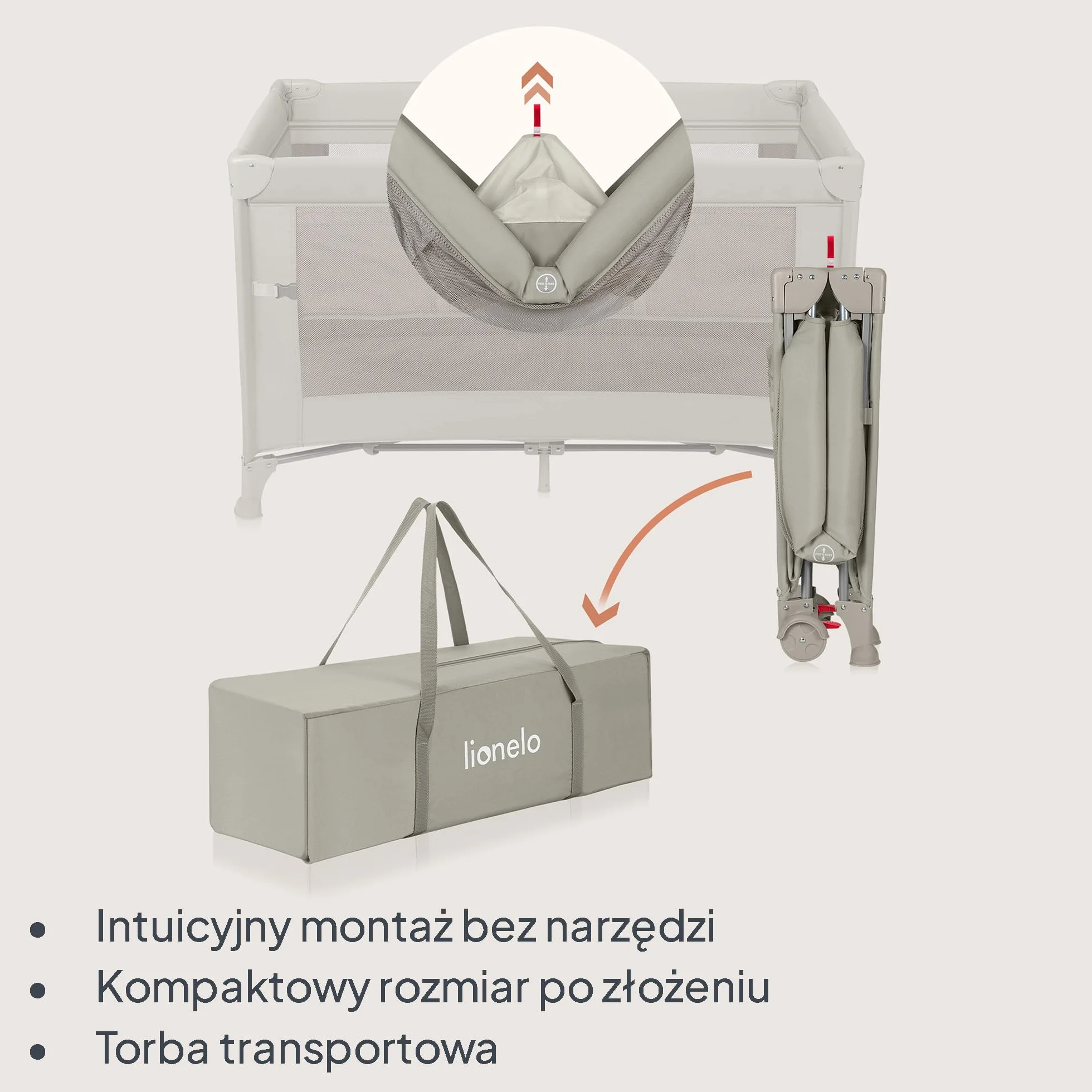 Lionelo Ellen 3 w 1 łóżko podróżne 0-3 lata 15 kg 2 wysokości materaca beżowa
