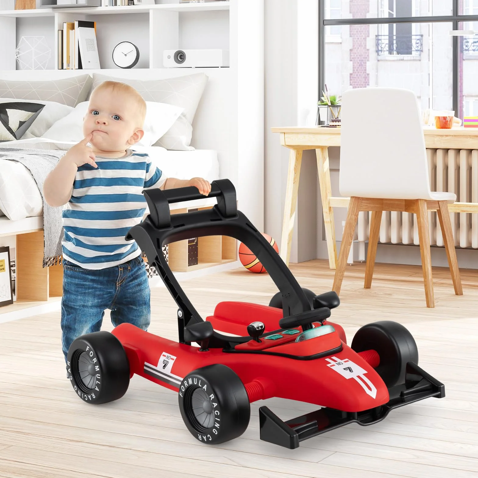COSTWAY Pomoc w nauce chodzenia 4 w 1, wózek do nauki chodzenia, składany z regulacją wysokości, Baby Walker w kształcie samochodu z kierownicą i pozytywką, wózek z kółkami dla dzieci w wieku 6-18