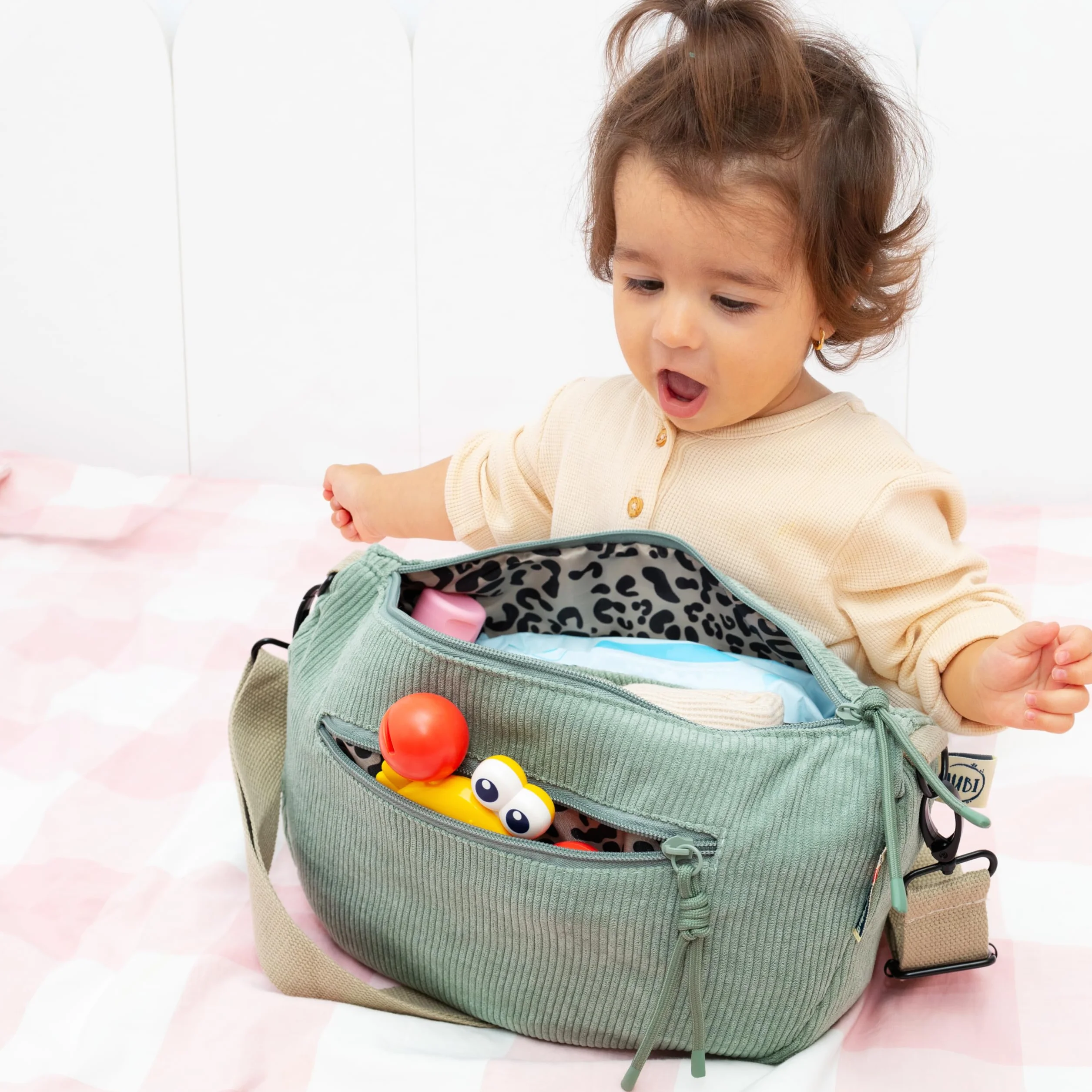 Jubi Torba do przewijania Moon Bag ze sztruksu miętowego – organizer do wózka dziecięcego z mocowaniem do wózka dziecięcego, torba crossbody dla kobiet, mała torba do przewijania z przegródkami i