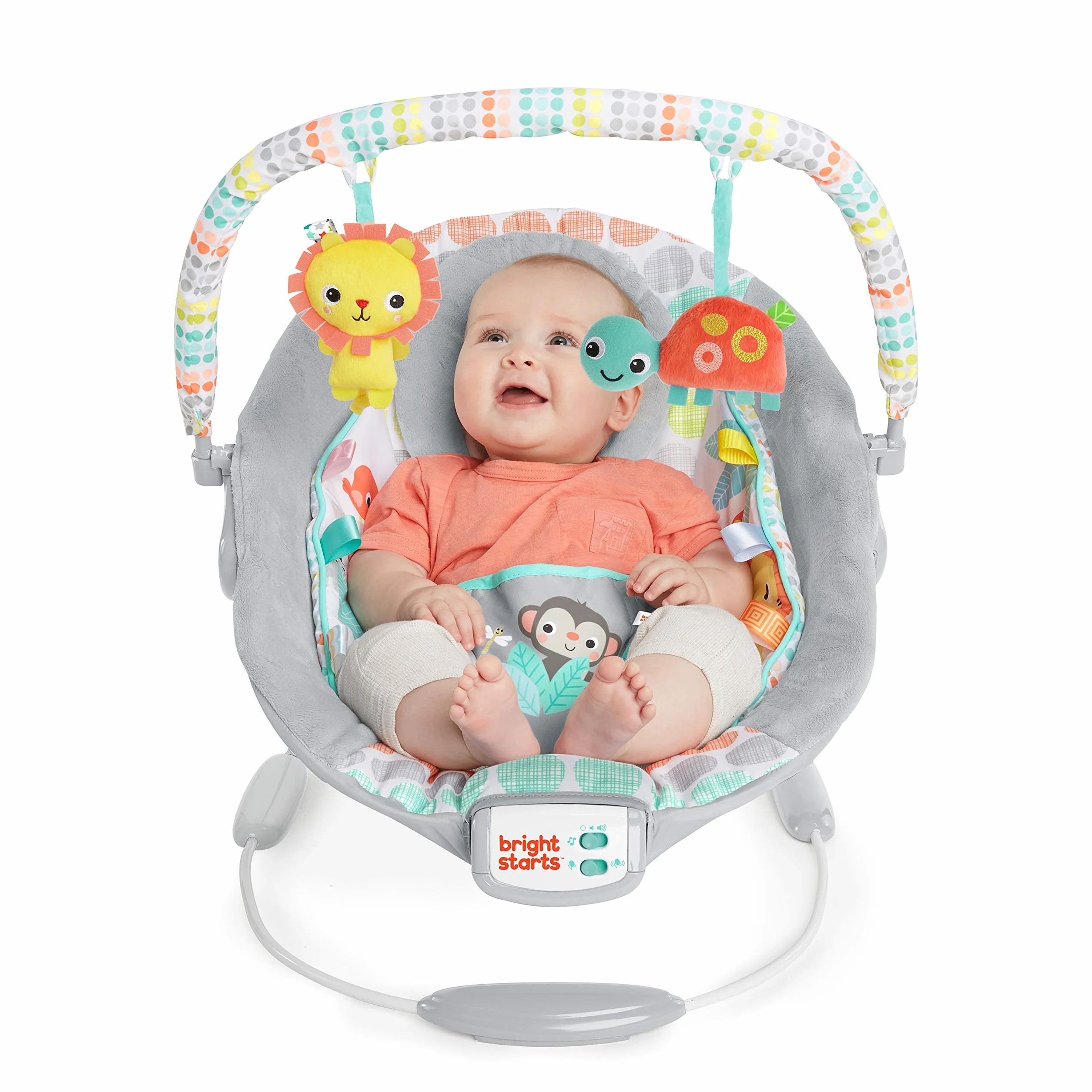 Bright Starts Wygodne siedzisko dla niemowląt, kojące wibracje, muzyka, zdejmowany, 0-6 miesięcy do 9 kg (kapryśny dziki)