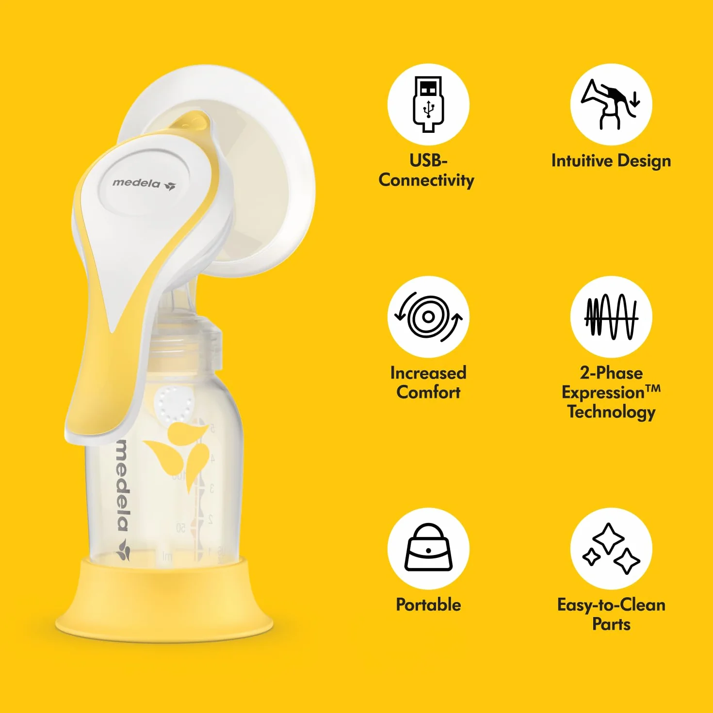 Medela Harmony Manual Breast Pump - Compact Swiss design featuring PersonalFit Flex shields and Medela 2-Phase Expression technology