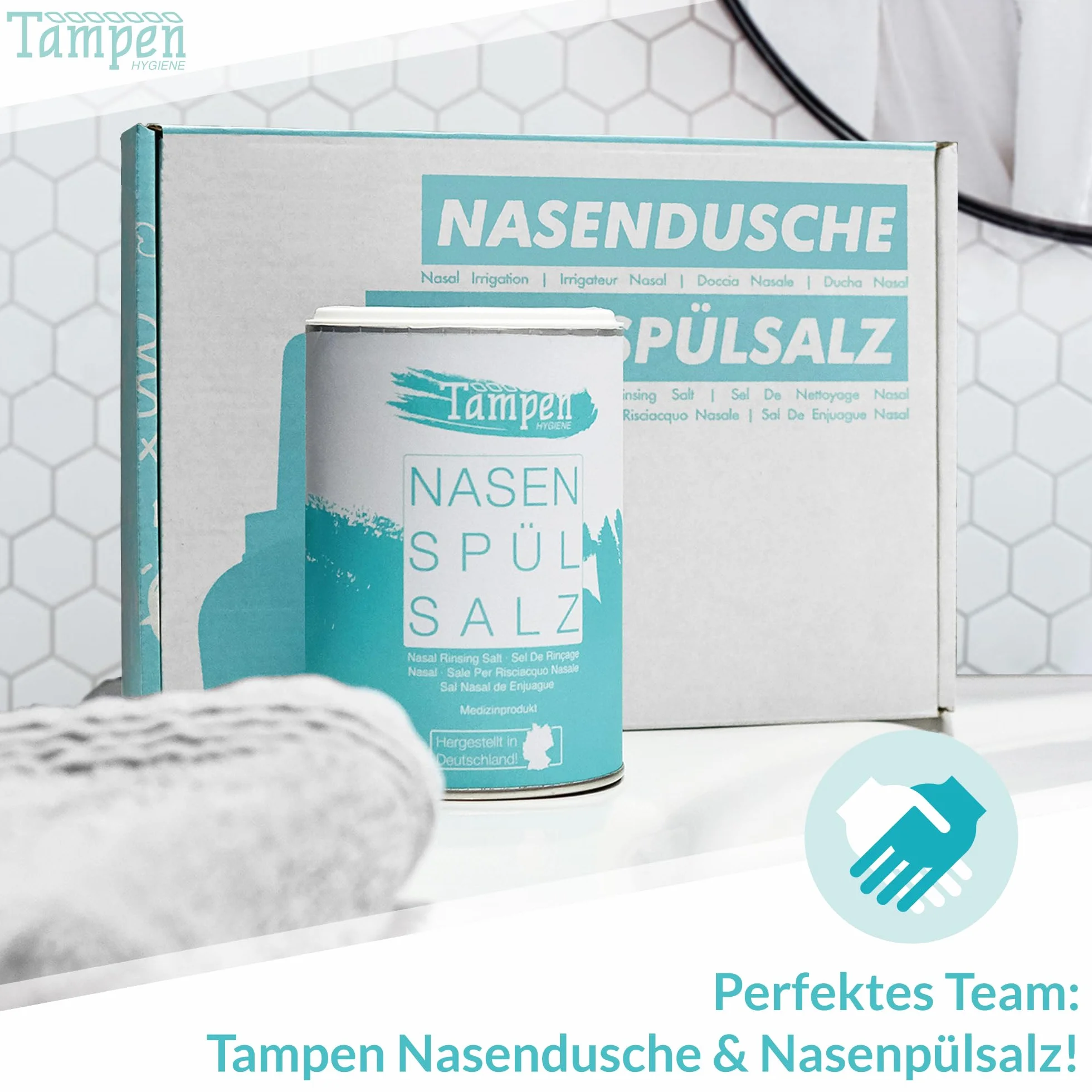 Tampen Higiena Zestaw prysznicowy do nosa 120 x sól do płukania nosa 300 g łyżka pomiarowa 3 nasadki dla dorosłych i dzieci