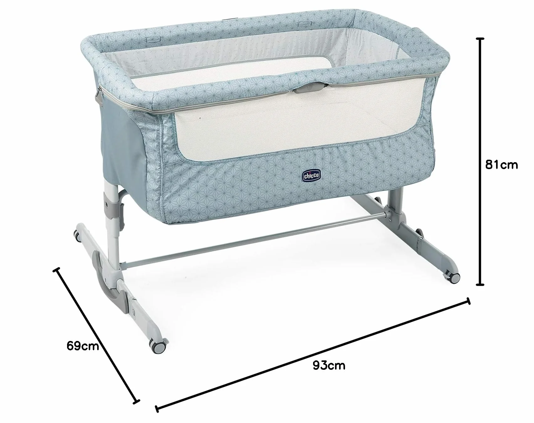 Chicco Next2Me Dream, Łóżeczko dziecięce boczne, łóżeczko do wspólnego spania, otwierany tył, regulowana wysokość, 4 koła i torba podróżna, 0-6 miesięcy, 9 kg, jasnoniebieski