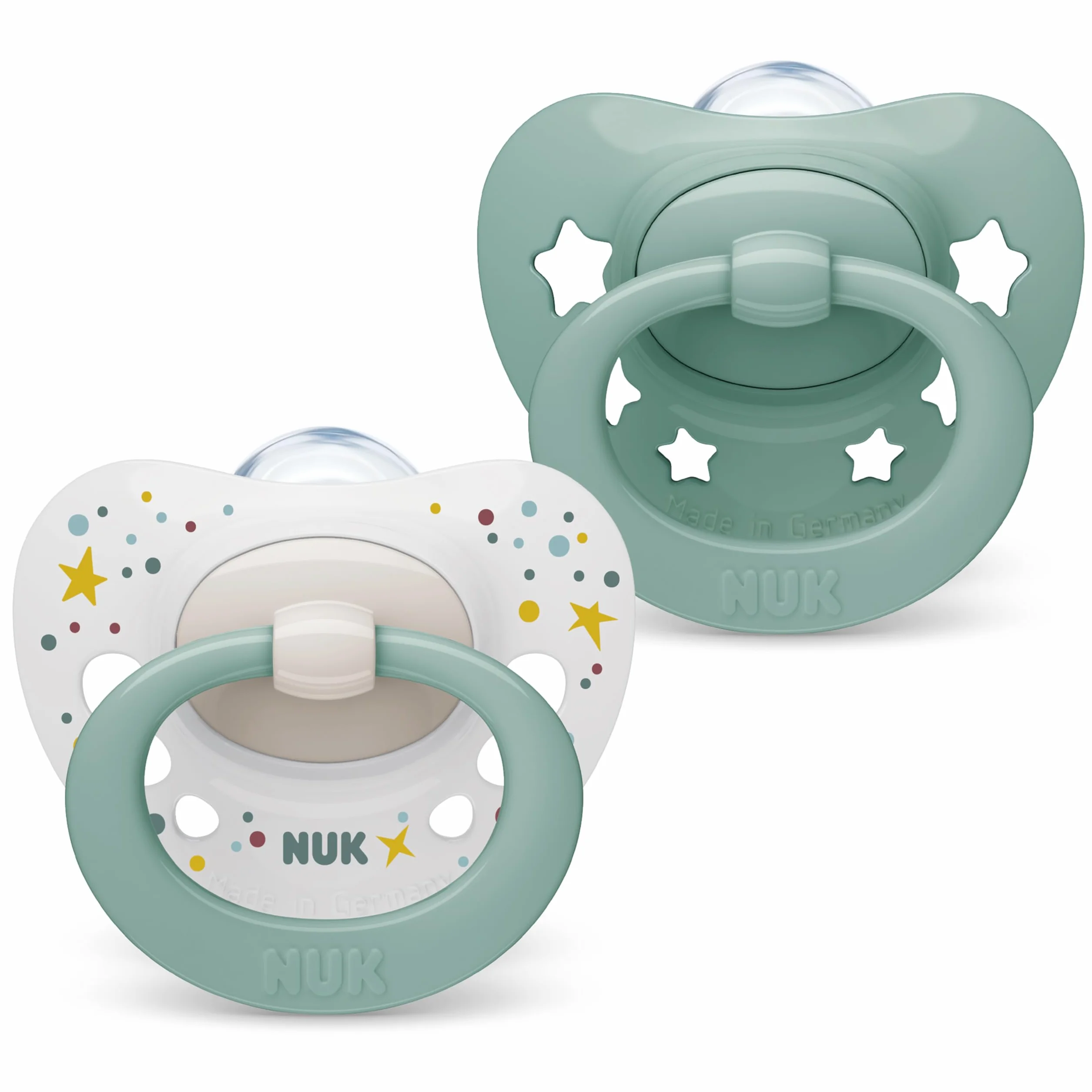 NUK Signature smoczek dziecięcy, 0-6 miesięcy, uspokaja 95% niemowląt, silikonowy smoczek bez BPA, w etui, zielone gwiazdki, 2 sztuki
