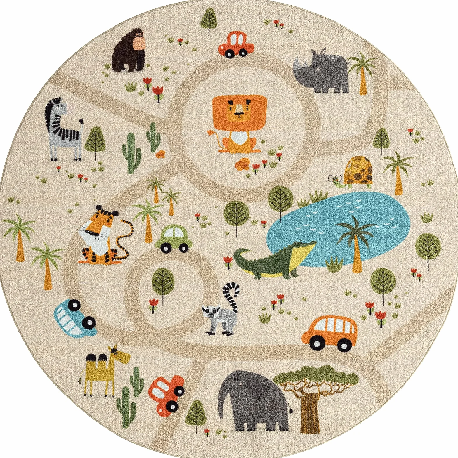 the carpet Happy Life - Pokój dziecięcy, dywan dziecięcy, mata do zabawy, można prać, dywan z drogami, drogi, dżungla, zwierzęta, samochód., Beżowy-1, 80 x 150 cm