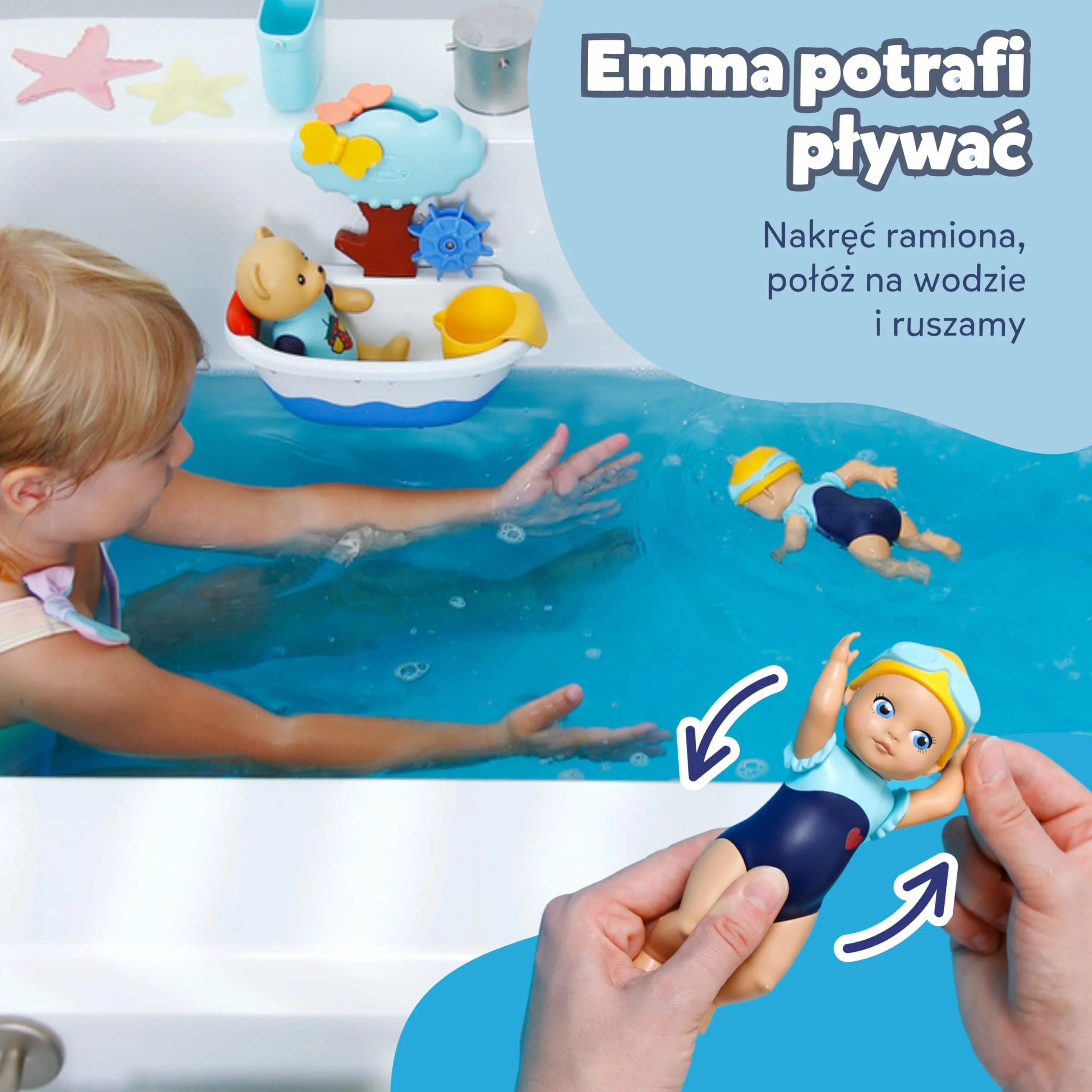 BABY born Splish Splash wózek z Emmą, interaktywna zabawka do kąpieli dla maluchów z nakręcanym pływaniem Emmą i wózkiem z osłoną przeciwsłoneczną i prawdziwymi kółkami roboczymi, zabawka do kąpieli