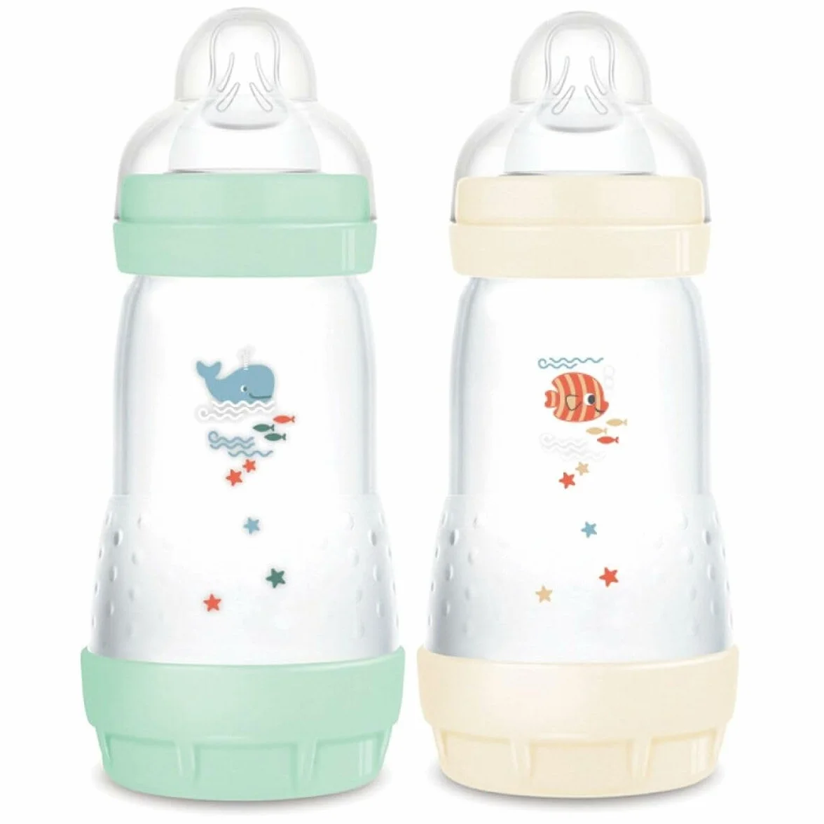 MAM - Zestaw 2 butelek dla niemowląt Easy Start Anti-Colique 2+ miesięcy średni przepływ (2 x 260 ml), mięta + bawełna - Butelka zmniejszająca kolkę i dyskomfort dziecka - Butelka dla niemowląt