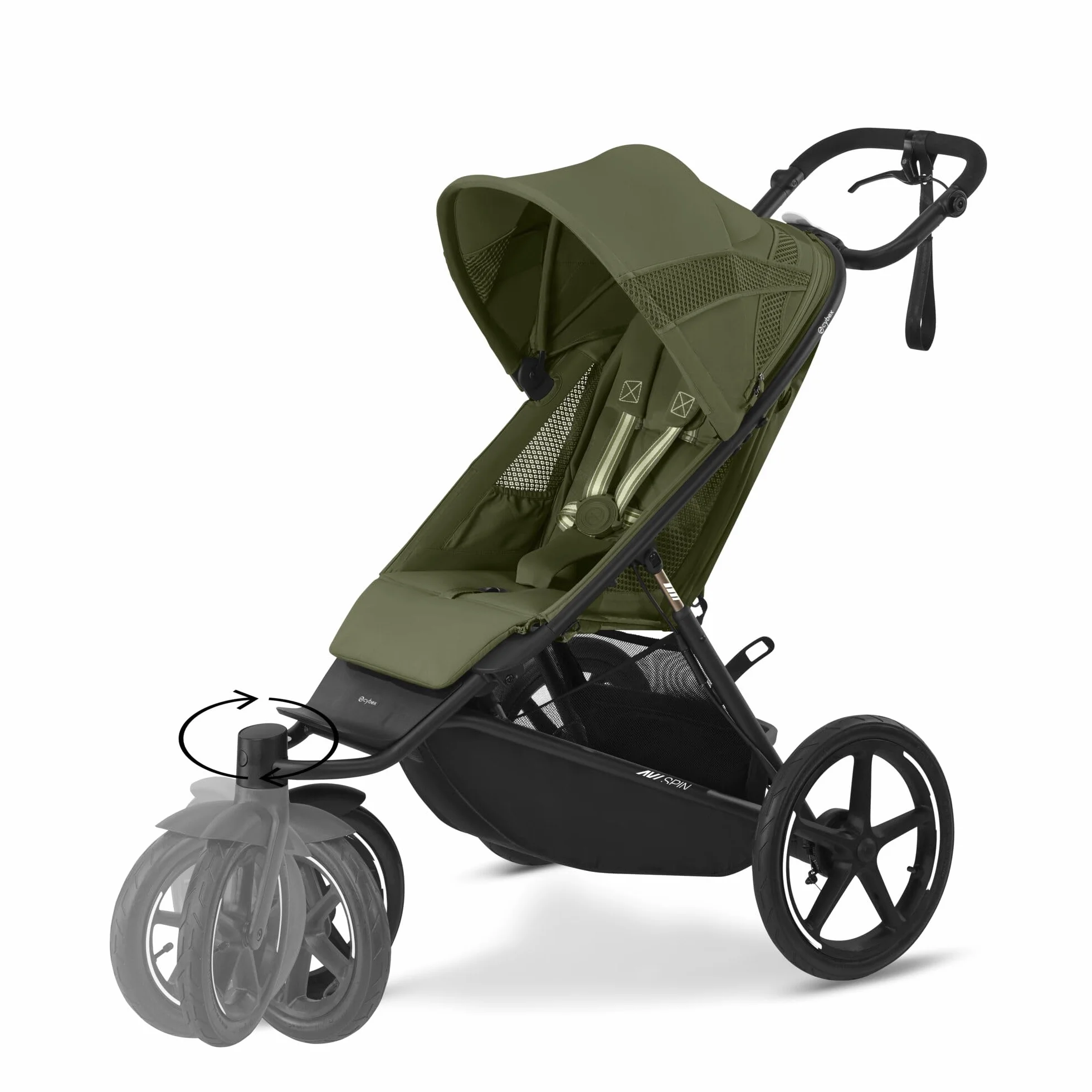 CYBEX Gold Wózek spacerowy AVI SPIN, Od urodzenia do ok. 4 lat, Max. 111 cm i 22 kg, Wózek miejski, Wózek terenowy i do biegania, Moss Green