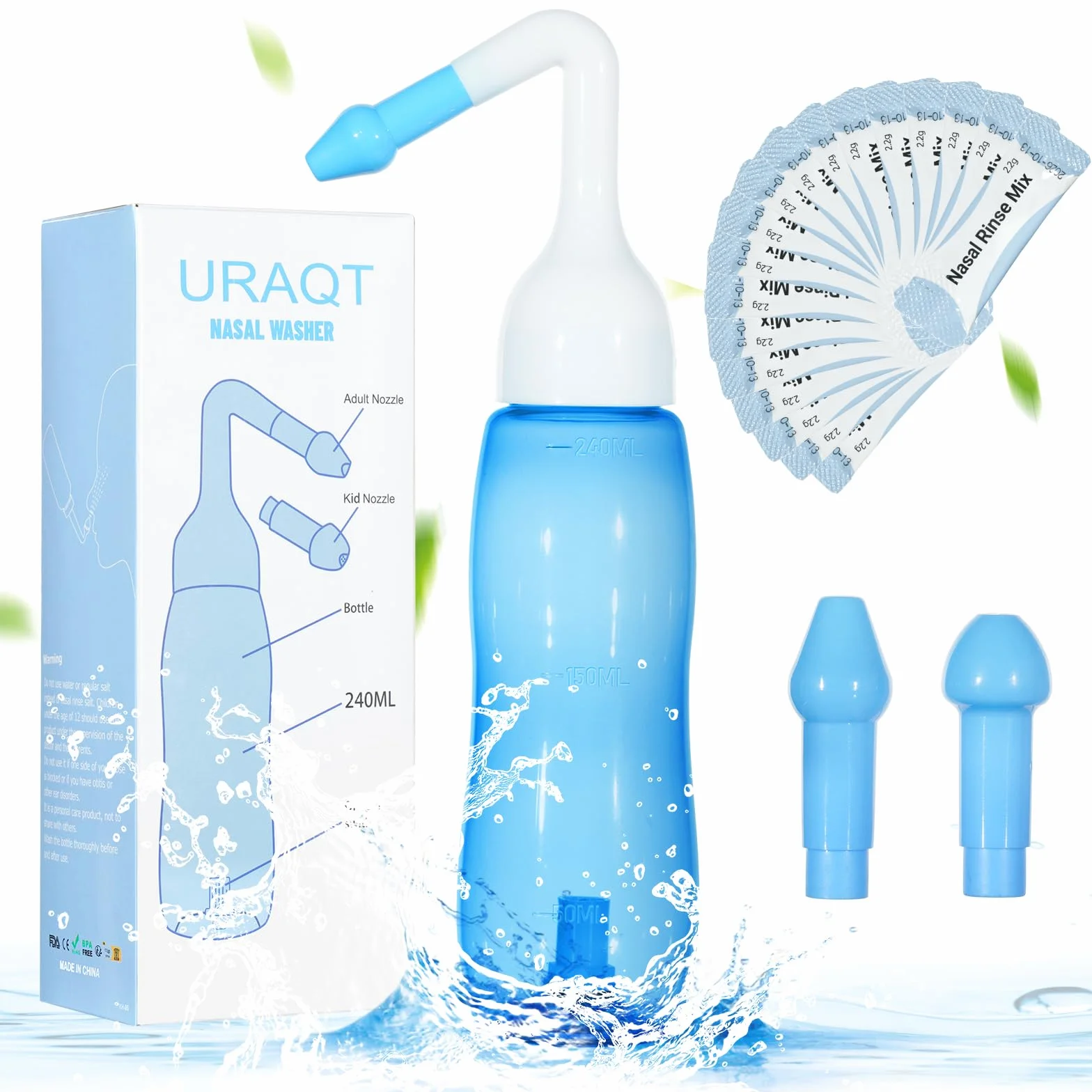 URAQT Neti Pot, zestaw do płukać nosa, butelka zatoka 240 ml z 40 pakietami soli, dla dorosłych i dzieci, ulga w zatokach