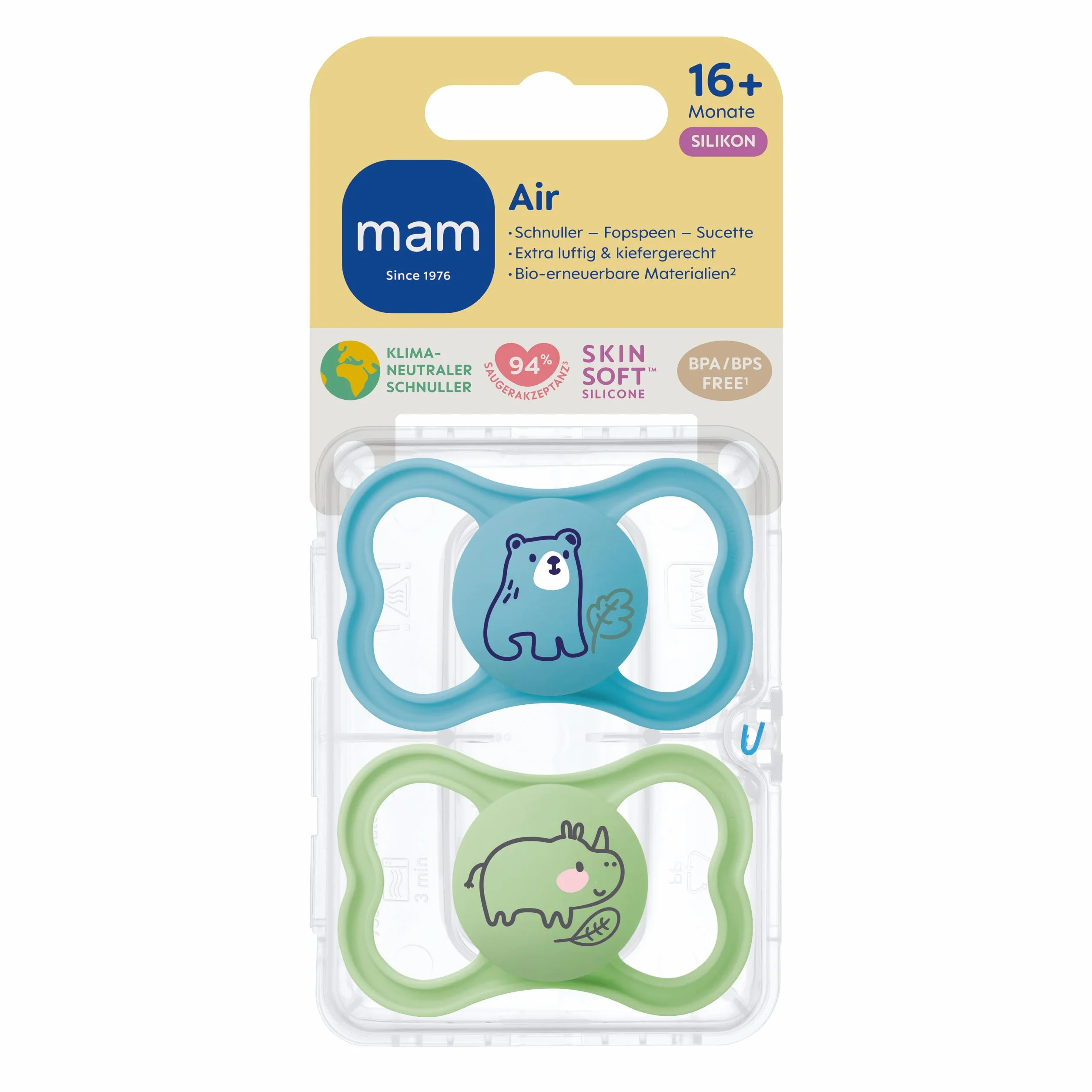 MAM SkinSoft silikonowy smoczek z tarczą, od 16 miesięcy, niedźwiedź/nosorożec, 2 szt