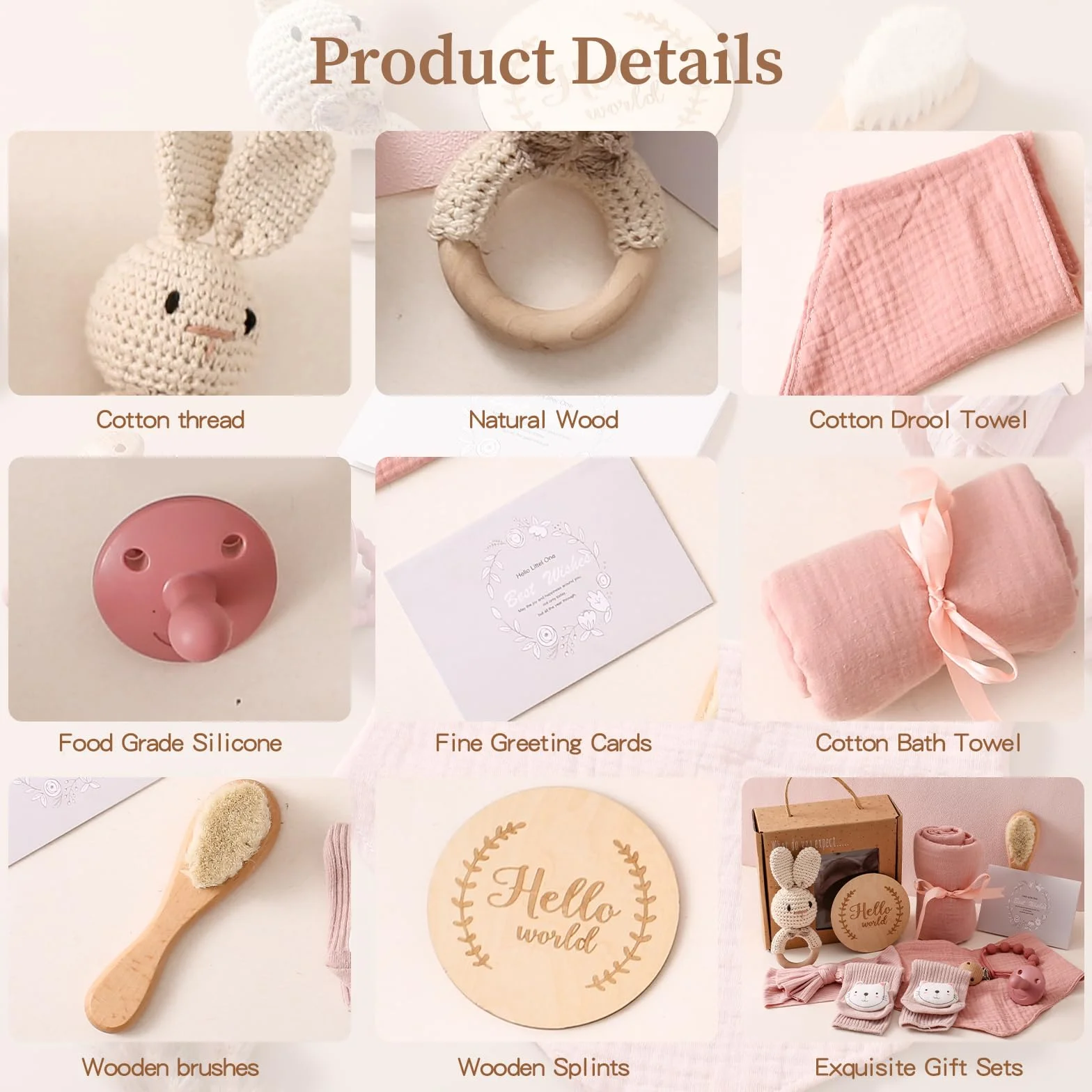 WOODEN TEETHER Zestaw 10-częściowy dla dziewczynki, prezent dla dziewczynki i chłopca dla noworodka, ręczniki kąpielowe, uchwyt na smoczek, dzwoneczek, kartki z kamieniami milowymi, fartuchy