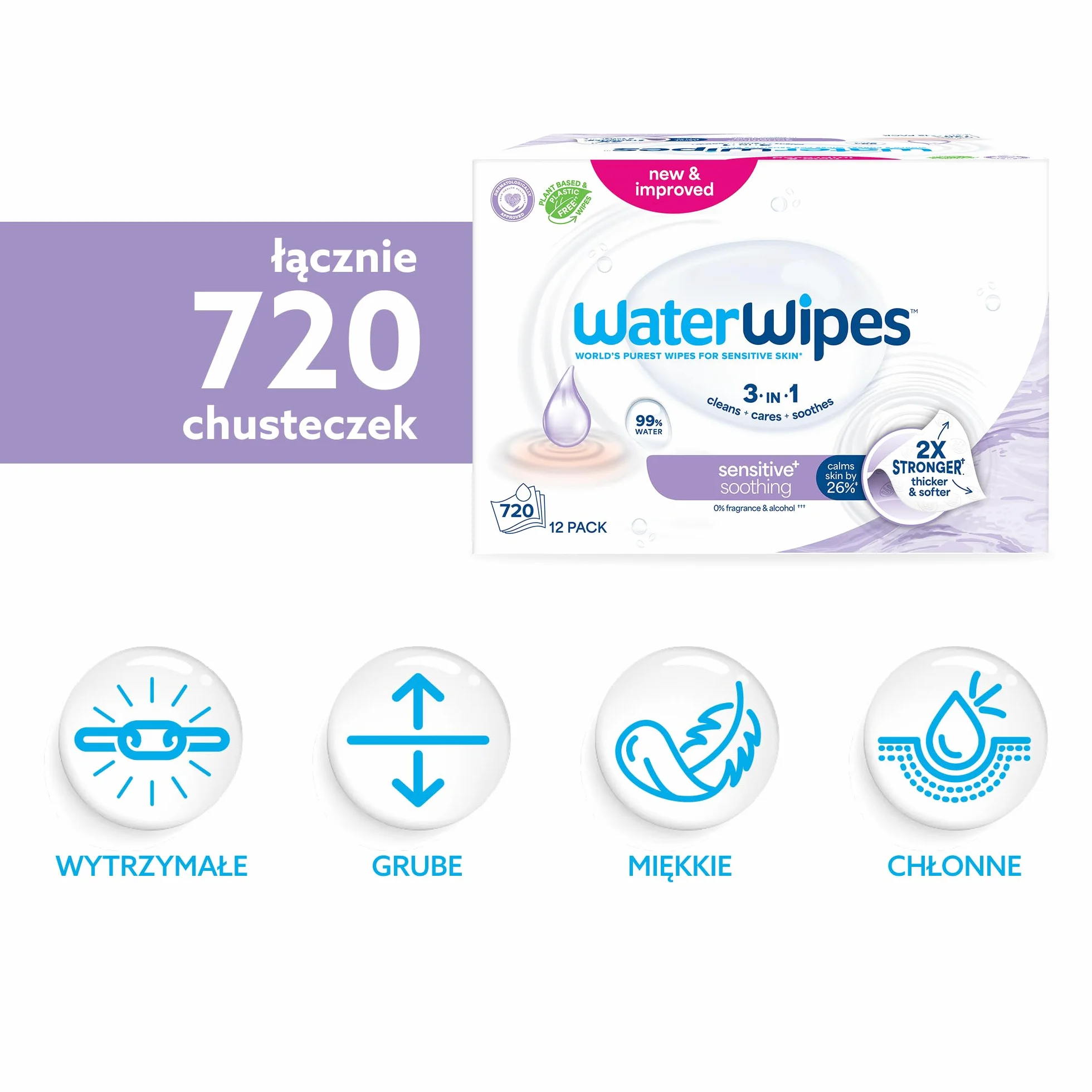 WaterWipes Sensitive+ Soothing Clean Wipes, Chusteczki nawilżane łagodzące, 720 sztuk (opakowanie 12), 3 w 1: Delikatnie oczyszczają, pielęgnują, koją, 99% wody z ekstraktem roślinnym