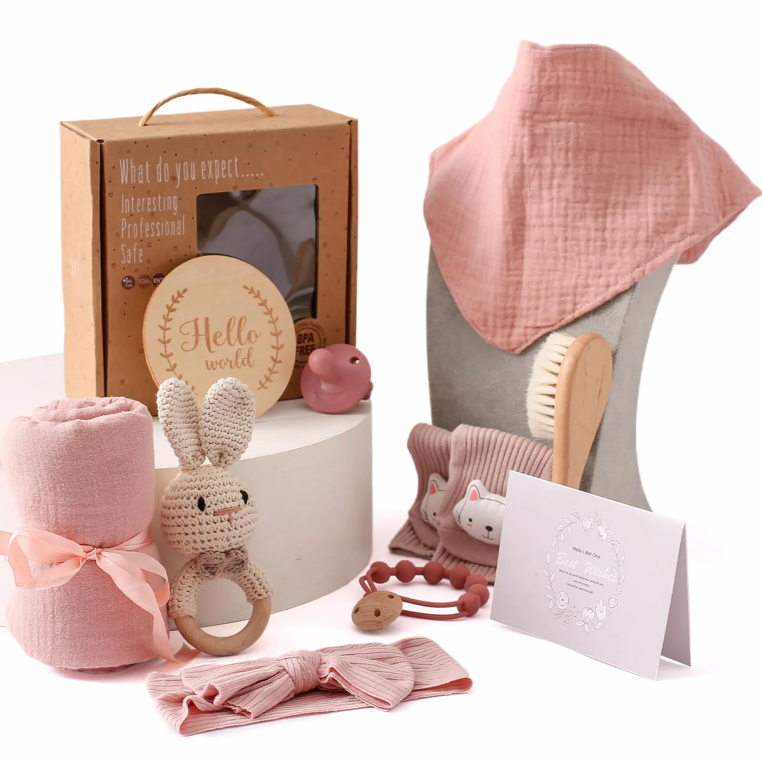 WOODEN TEETHER Zestaw 10-częściowy dla dziewczynki, prezent dla dziewczynki i chłopca dla noworodka, ręczniki kąpielowe, uchwyt na smoczek, dzwoneczek, kartki z kamieniami milowymi, fartuchy