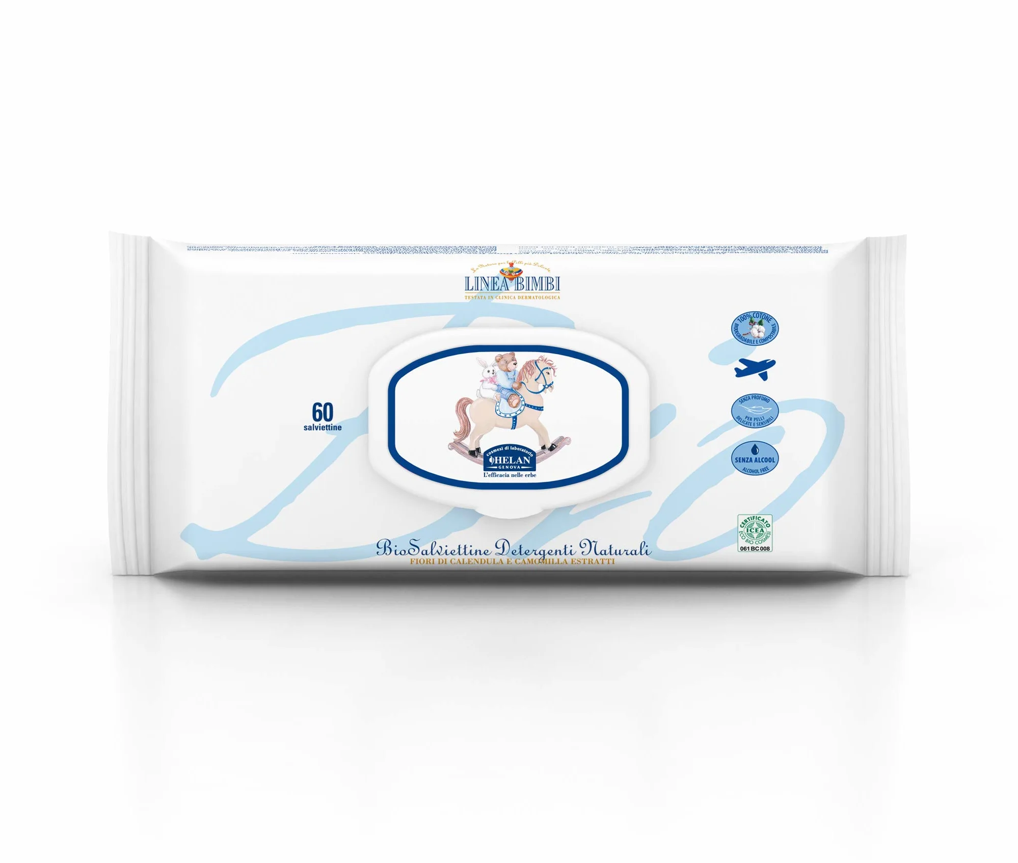 Helan, Linea Bimbi - słodki zestaw do kąpieli niemowląt: żel pod prysznic 250 ml, puder ryżowy 75 g, chusteczki nawilżane 60 szt., krem chroniący rany 100 g, krem do ciała