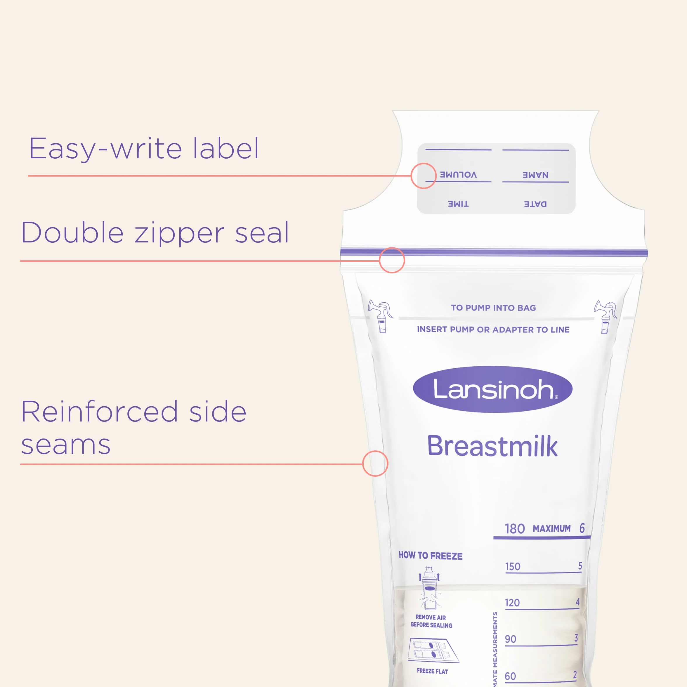 Lansinoh Breast Milk Storage Bags Breastmilk Pouches for fridge or freezer use, store flat or standing, BPA and BPS free, pre-sterilised, double zipper seal, Pack of 50