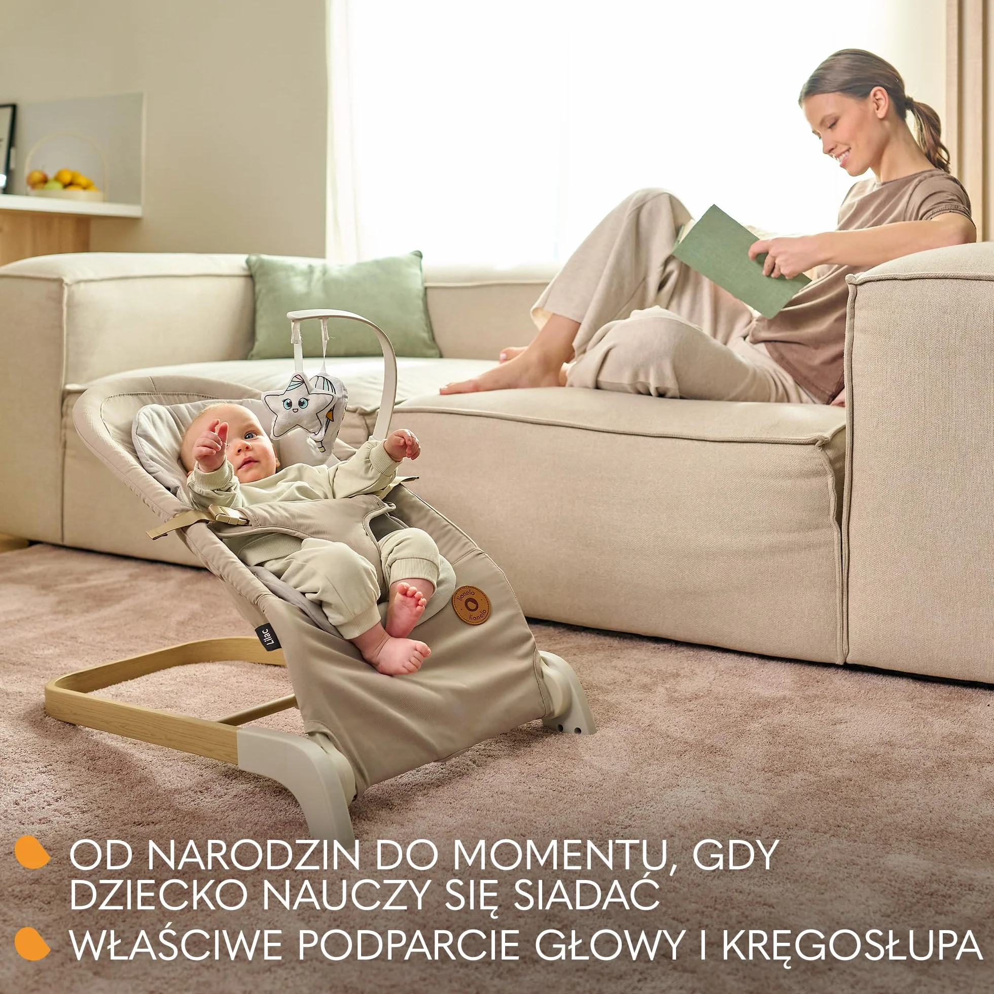 LIONELO LILAC Bujaczek i Leżaczek dla Niemowląt do 9 kg 0-6 miesięcy, Bujak 2 w 1 dla Dzieci, 2 Zabawki, Regulacja Pochylenia, 3 Punktowe Pasy Lekki 3,2 kg Składany na Płasko