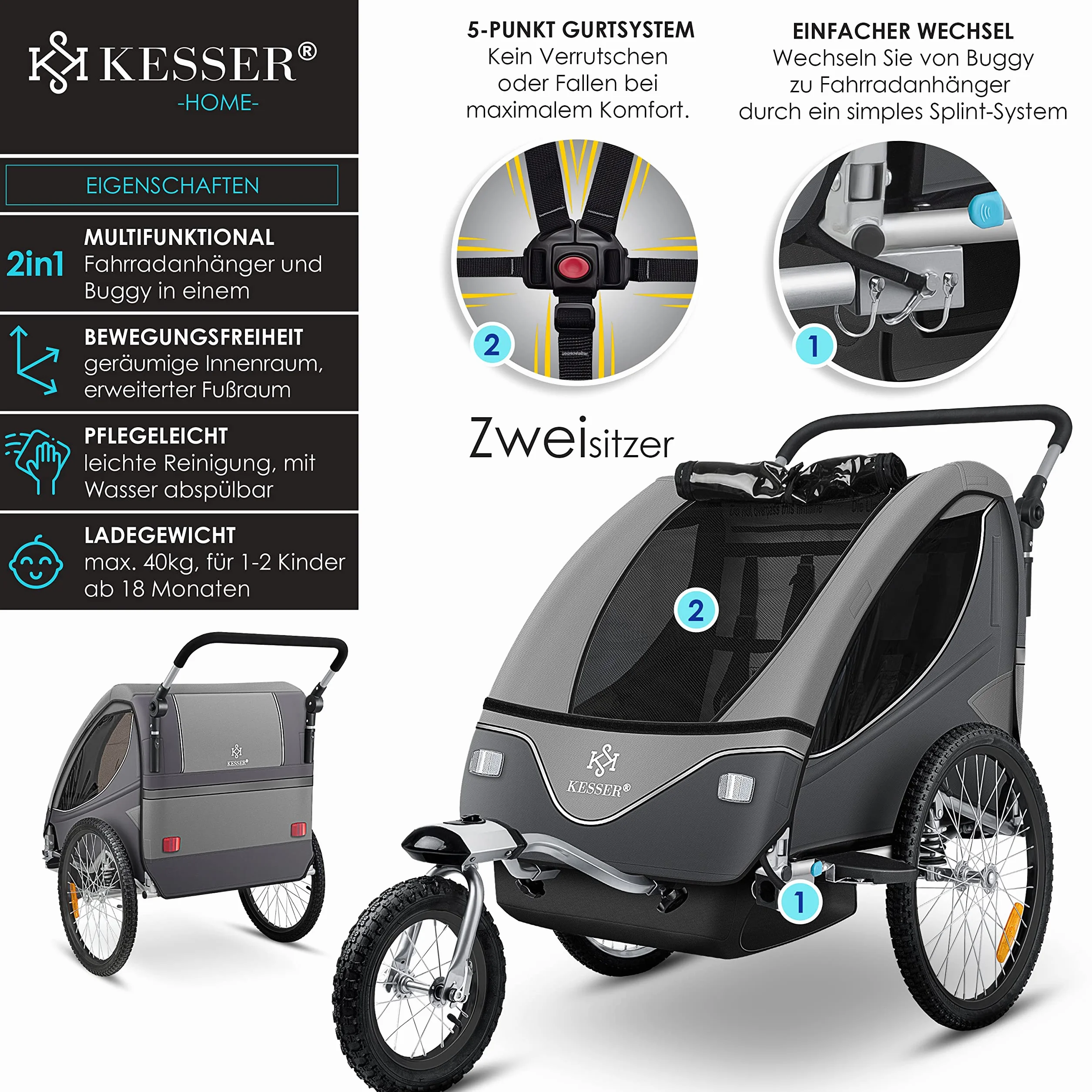 KESSER® Cruiser Child Trailer Przyczepka rowerowa 360° obrotowa z zawieszeniem 2w1 Funkcja Jogger Dziecięca przyczepka rowerowa + 5-punktowe szelki Jogger Przyczepka rowerowa max. 40kg