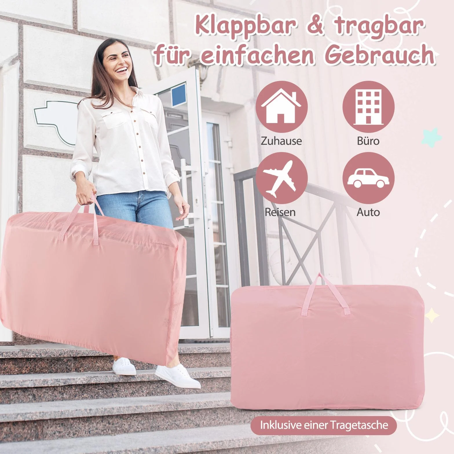 COSTWAY Łóżeczko dostawne 3 w 1, łóżeczko turystyczne dla niemowląt z materacem, łóżeczko dziecięce z 6-stopniową regulacją wysokości z koszem do przechowywania i torbą do przenoszenia, przenośny kosz