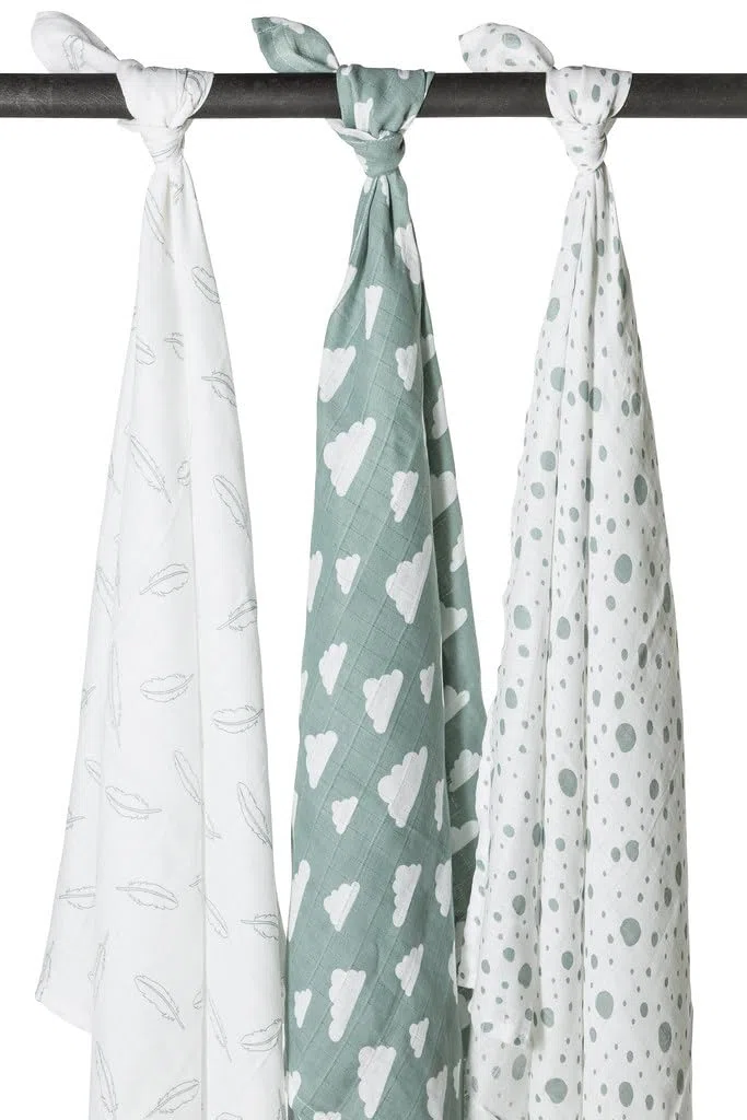 Meyco Kołyski hydrofilowe - zestaw 3-120x120cm - Feather Cloud Dots - Stone Green/White