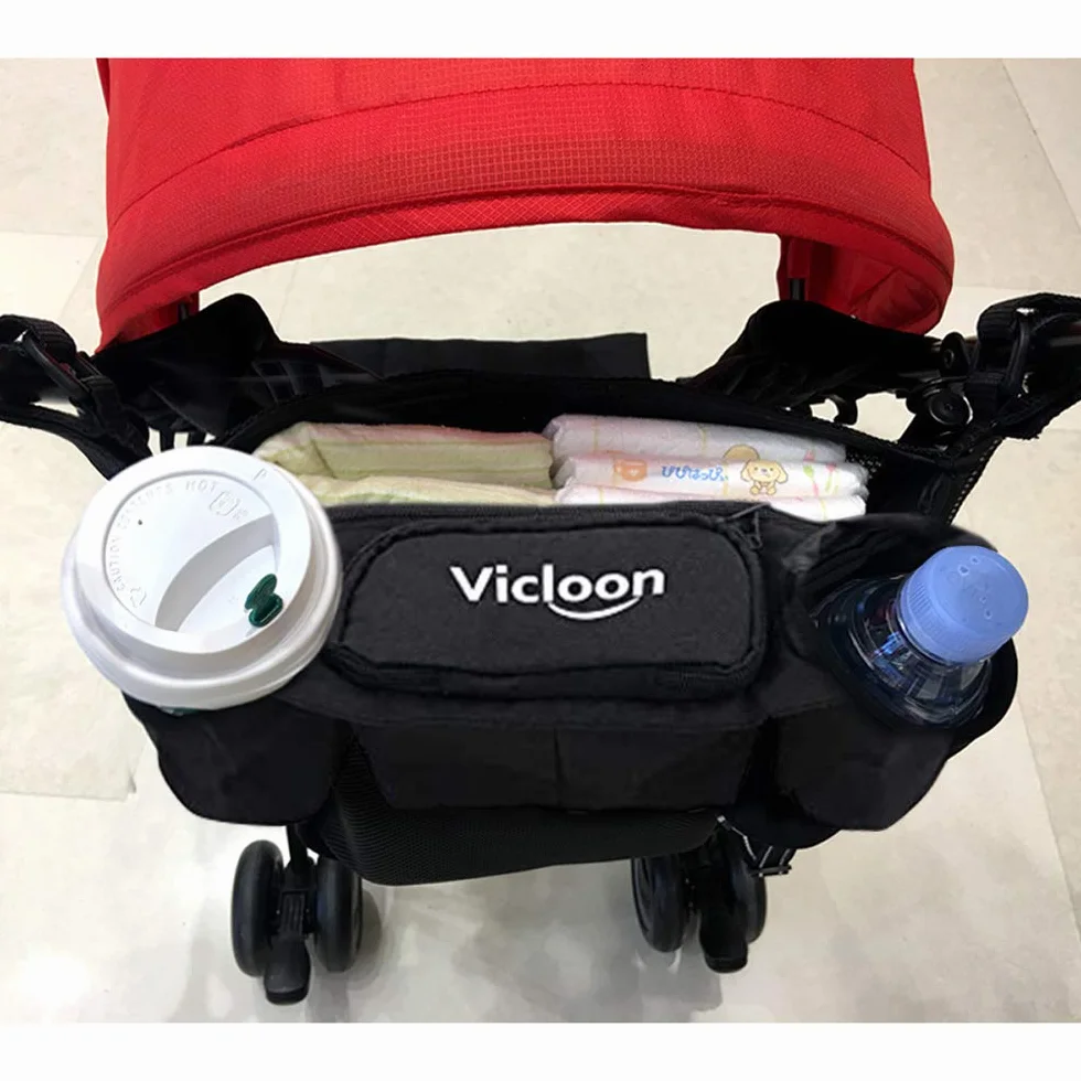 Vicloon Organizer do wózka dziecięcego z 2 uchwytami na napoje, organizer do wózka dziecięcego, uniwersalna torba do wózka dziecięcego, butelka na napoje, wilgotne chusteczki, pieluchy, akcesoria dla