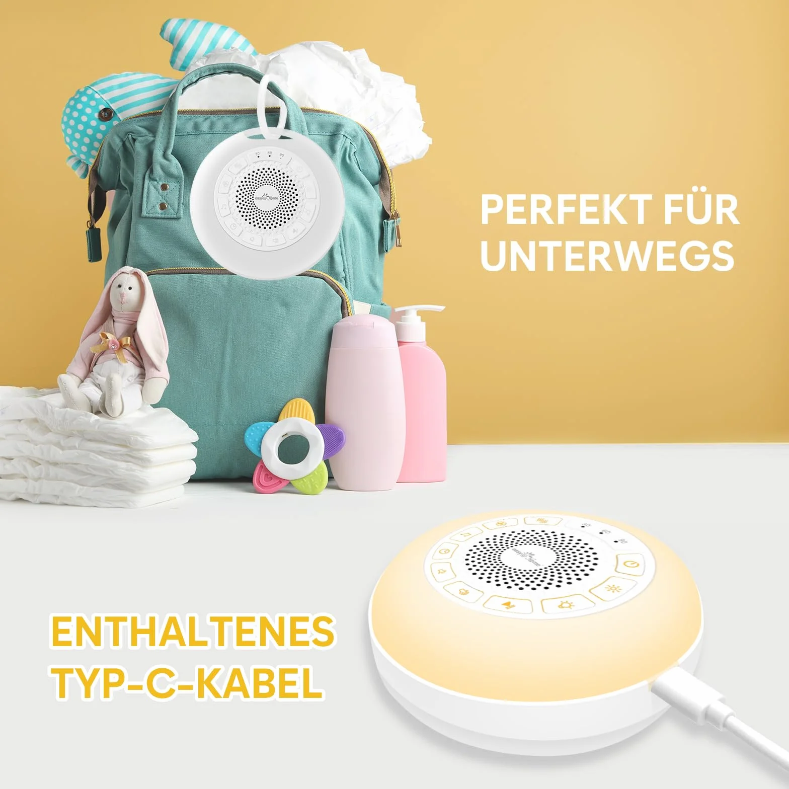 Easy@Home White Noise Machine: Przenośna pomoc w zasypianiu dzieci z białym hałasem | Lampka nocna | 26 kojących kołysanek i dźwięków natury | 3 ustawienia timera | 7 kolorowych oświetlenia i USB
