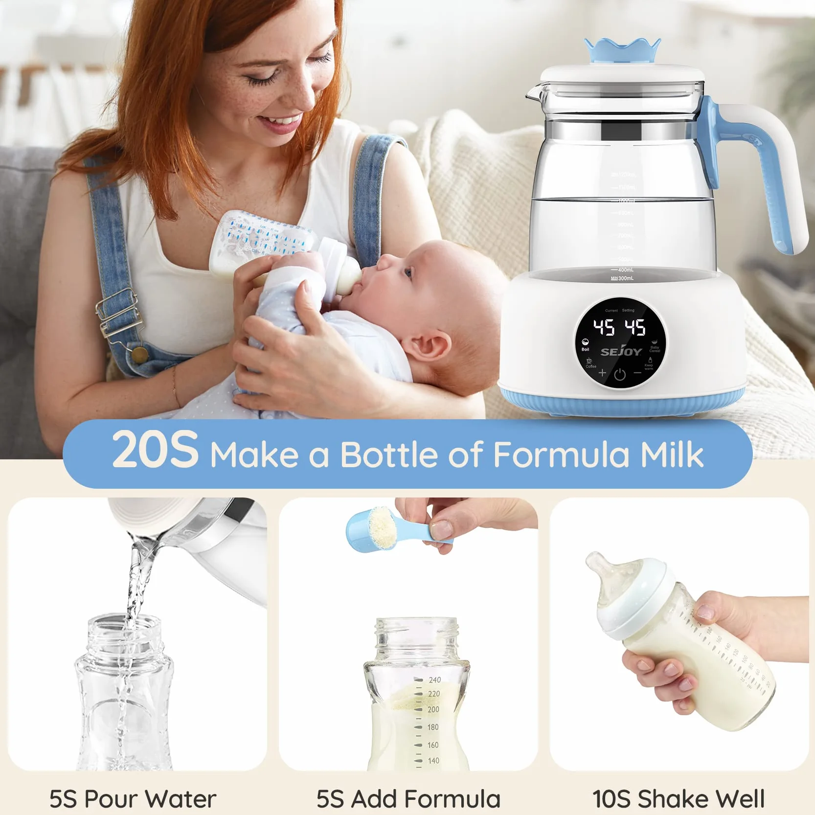 Sejoy Baby Formula Kettle Warm Water Dispenser for Making Formula Bottle Within 30s, Traditional Baby Bottle Warmer Replacement, Accurate Temperature Control, Boil-Dry Protection, 72h Keep Warm, 1.2L