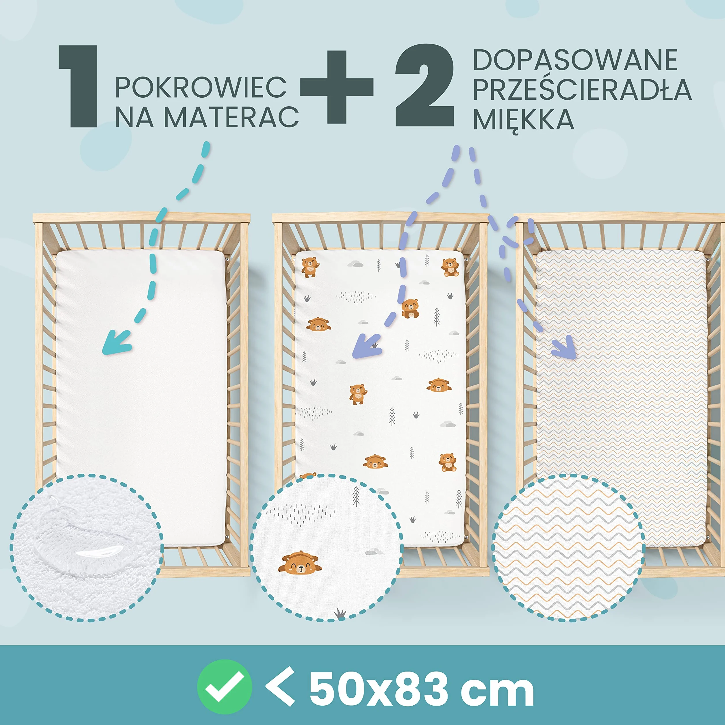 Zestaw 2 x 100% Bawełniane Prześcieradła z Gumką - 1 x 100% Wodoodporny Pokrowiec na Materac - Zestaw 3-50x83cm - Miś
